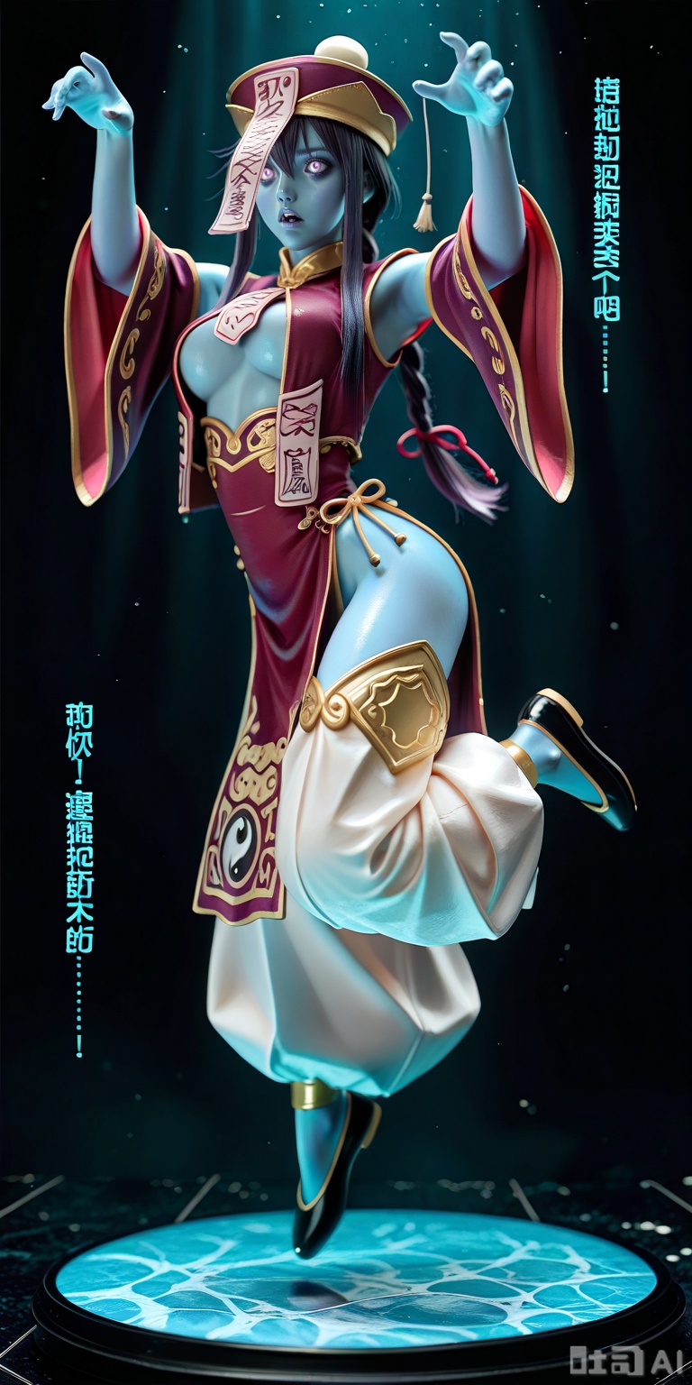 figure stand, figure, figure photo, masterpiece, high quality, best quality, highres, 8k, 1girl, 3d, realistic, lighting, vibrant, bright, caustics, contrast, detailed,JIANGSHIMGE,,jiangshimge, jiangshi, undead, zombie,blue skin, colored skin, floating,midair, zombie pose,jiangshimge,jiangshi, undead, zombie, blue skin,colored skin, floating, midair,zombie pose,qing guanmao, hat,chinese clothes, red dress,wide sleeves,,long sleeves, detached sleeves,center opening, pelvic curtain,baggy pants, black footwear,hair ribbon, ofuda, chinese text,yin yang, talisman over face,,hyper detailed, (dynamic pose:1.4)