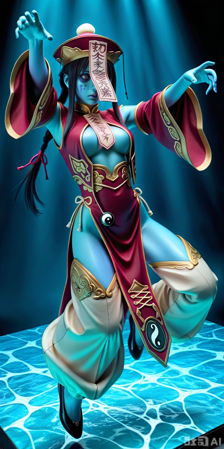 figure stand, figure, figure photo, masterpiece, high quality, best quality, highres, 8k, 1girl, 3d, realistic, lighting, vibrant, bright, caustics, contrast, detailed,JIANGSHIMGE,,jiangshimge, jiangshi, undead, zombie,blue skin, colored skin, floating,midair, zombie pose,jiangshimge,jiangshi, undead, zombie, blue skin,colored skin, floating, midair,zombie pose,qing guanmao, hat,chinese clothes, red dress,wide sleeves,,long sleeves, detached sleeves,center opening, pelvic curtain,baggy pants, black footwear,hair ribbon, ofuda, chinese text,yin yang, talisman over face,,hyper detailed, (dynamic pose:1.4)