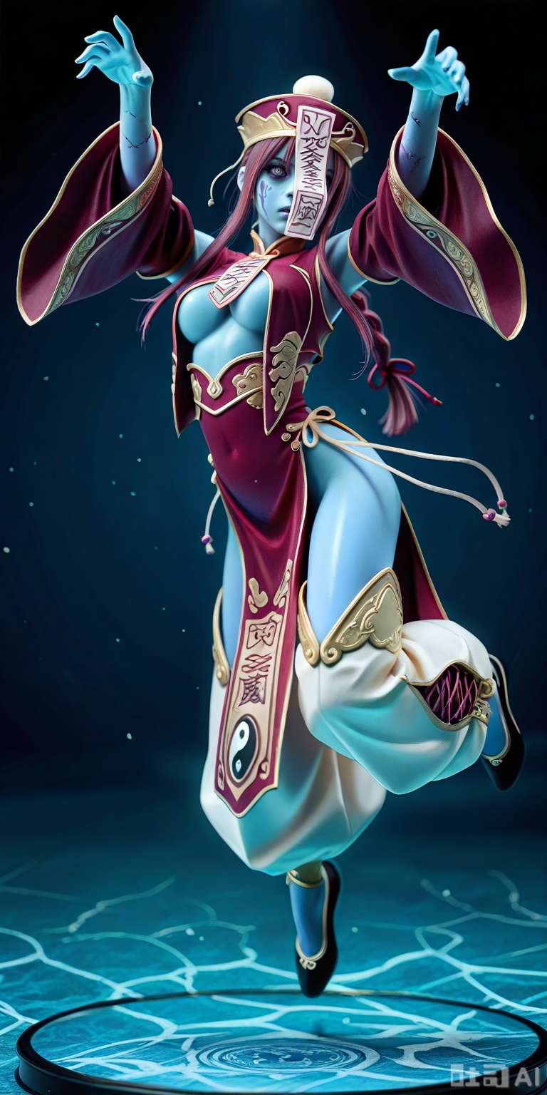 figure stand, figure, figure photo, masterpiece, high quality, best quality, highres, 8k, 1girl, 3d, realistic, lighting, vibrant, bright, caustics, contrast, detailed,JIANGSHIMGE,,jiangshimge, jiangshi, undead, zombie,blue skin, colored skin, floating,midair, zombie pose,jiangshimge,jiangshi, undead, zombie, blue skin,colored skin, floating, midair,zombie pose,qing guanmao, hat,chinese clothes, red dress,wide sleeves,,long sleeves, detached sleeves,center opening, pelvic curtain,baggy pants, black footwear,hair ribbon, ofuda, chinese text,yin yang, talisman over face,,hyper detailed, (dynamic pose:1.4)