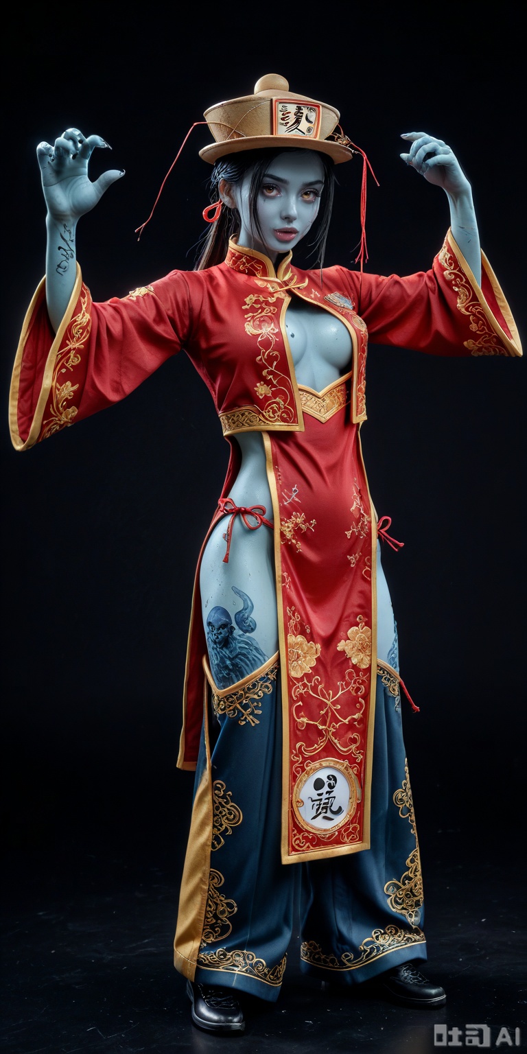 figure stand, figure, figure photo, masterpiece, high quality, best quality, highres, 8k, 1girl, 3d, realistic, lighting, vibrant, bright, caustics, contrast, bare foot.detailed,JIANGSHIMGE,,jiangshimge, jiangshi, undead, zombie,blue skin, colored skin, floating,midair, zombie pose,jiangshimge,jiangshi, undead, zombie, blue skin,colored skin, floating, midair,zombie pose,qing guanmao, hat,chinese clothes, red dress,wide sleeves,,long sleeves, detached sleeves,center opening, pelvic curtain,baggy pants, black footwear,hair ribbon, ofuda, chinese text,yin yang, talisman over face,,hyper detailed, (dynamic pose:1.4)