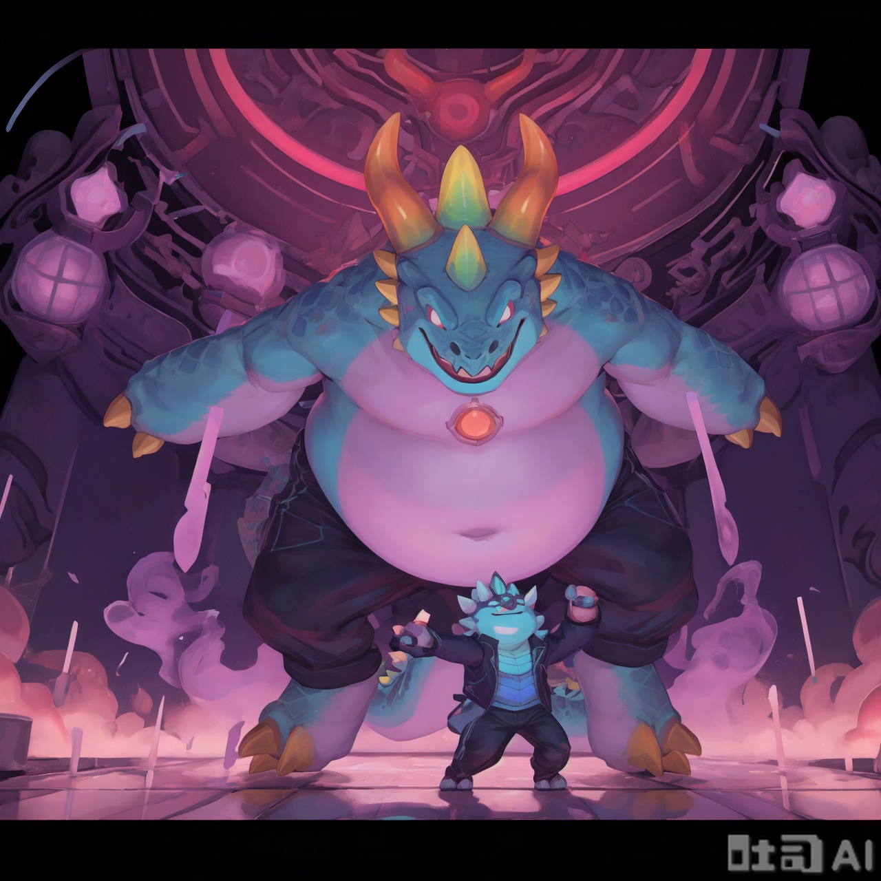 The image depicts a vibrant and colorful scene with a central character that resembles a stylized dinosaur or reptile wearing a hoodie. The character has a large belly, green spikes on its arms, and a friendly expression. It is surrounded by a futuristic, glowing environment with a mix of purple and blue hues. In the background, there are two other smaller characters, one on the left and one on the right, both with blue skin and spiky hair. They appear to be engaged in some form of activity, possibly dancing or performing. The ground is illuminated with green and yellow lights, creating a dynamic and lively atmosphere. The overall setting suggests a digital or virtual world, possibly from a video game or animated series.choncc\(league of legends\),dragon,furry,choncc\(league of legends\)