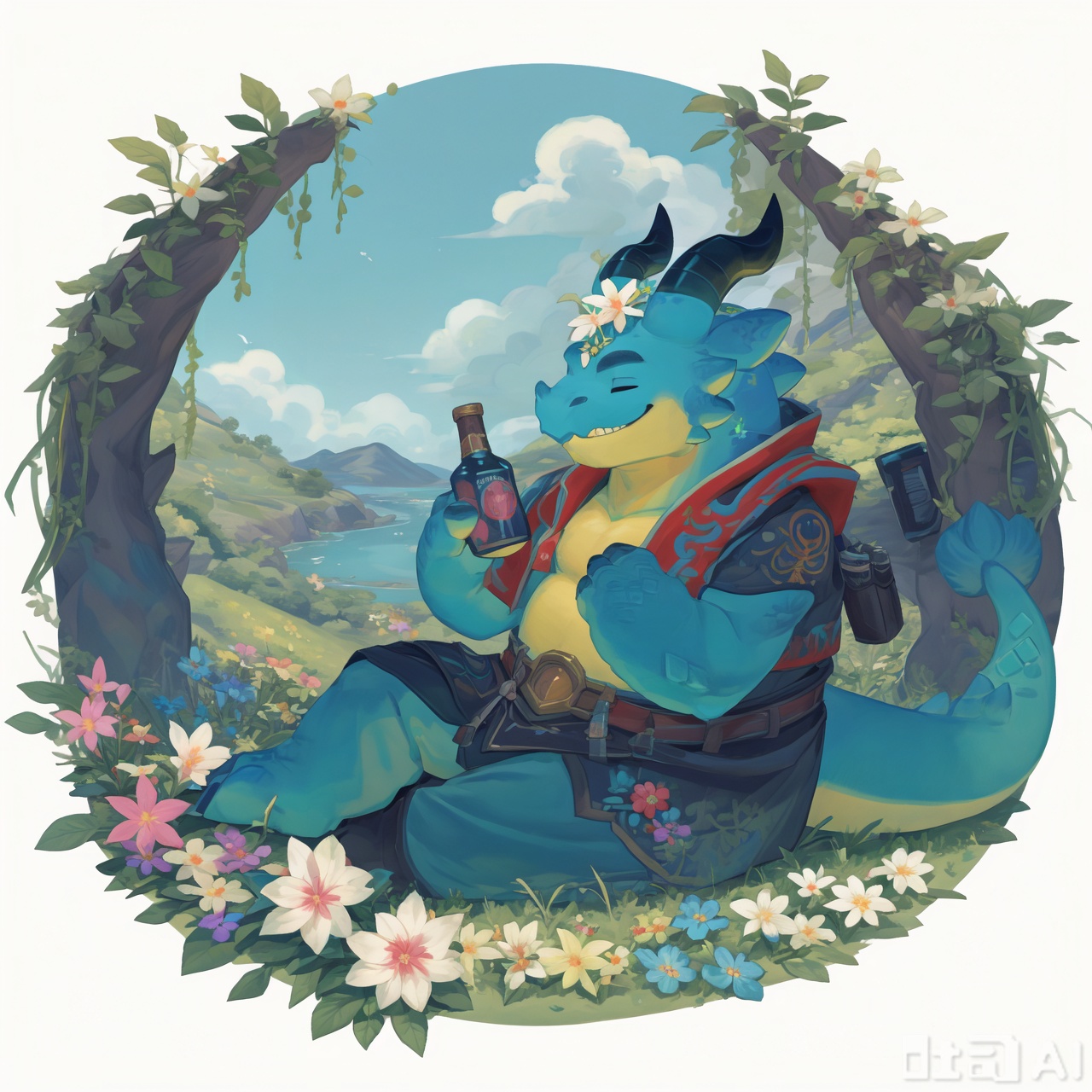 The image depicts a cute, pink, furry creature with blue and green horns, sitting on a grassy area. The creature is holding a blue and gold potion bottle in its paws, and it is wearing a decorative armor piece with a green gemstone in the center. The background features a serene landscape with a waterfall cascading over rocks, surrounded by lush greenery and colorful flowers. The sky is light blue, and there are soft clouds in the distance, creating a peaceful and magical atmosphere.choncc\(league of legends\),dragon,furry