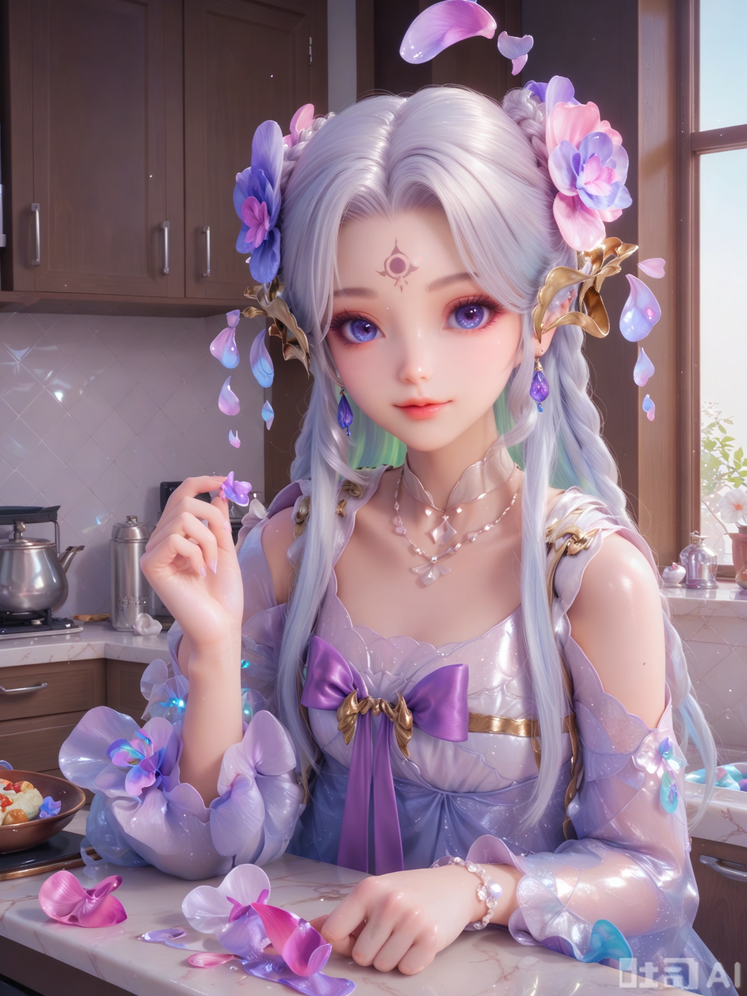 score_9,score_8_up,score_7_up,1girl,looking_at_viewer,realistic,1girl,Vivid Colors,bright environment,delicate water,hair_ornament,shiny skin,shiny hair,reflection,(wariza:1.2),dress,jewelry,flower sea,falling petals,extreme detail description,(upper body:1),put one hand on your side,kitchen,kitchen,long_hair,(skindentation:1.3),Fishnet stockings,hair ornament,earrings,necklace,forehead mark,