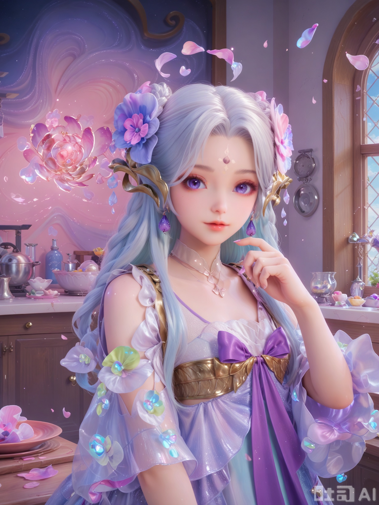 score_9,score_8_up,score_7_up,1girl,looking_at_viewer,realistic,1girl,Vivid Colors,bright environment,delicate water,hair_ornament,shiny skin,shiny hair,reflection,(wariza:1.2),dress,jewelry,flower sea,falling petals,extreme detail description,(upper body:1),put one hand on your side,kitchen,kitchen,long_hair,(skindentation:1.3),Fishnet stockings,hair ornament,earrings,necklace,forehead mark,