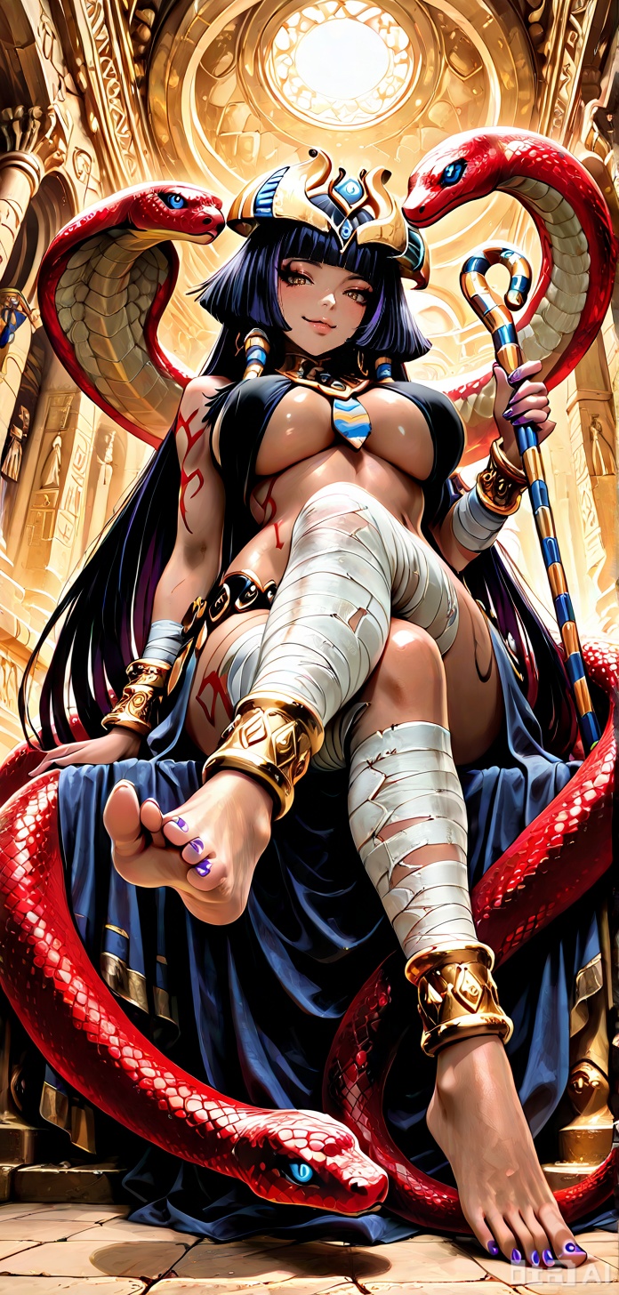 masterpiece, best quality, amazing quality, absurdres, solo, soft, 1girl, 20yo, pharaohmge, long hair, barefoot, large breasts, red eyes, dark skin, dark-skinned female, makeup, eyeliner, anklet, inner side boob, straight hair, pink ribbon, black hair, purple nails, bracelet, belly tattoo, leg tattoo, arm tattoo, bandaged arms, bandaged legs, gold jewelry, snake ornaments, usekh collar, horizontal-striped necktie, headdress, crown, cane scepter, black bikini, gold choker, gold earrings, egyptian clothes, hair tubes, sidelocks, blunt bangs, hime cut, large snake, red cobra, sitting on snake, coiled, blush, smile, full body, crossed legs, from below, toe focus, dim lighting, looking at viewer, detalled background, cinematic, volumetric lighting, dynamic shadows, temple interior, dynamic angle, dynamic pose, foreshortening, perspective, , 
,DETAILED, INTRICATE, SOFT SHADING,DETAILED TEXTURES,hyper detailed, (dynamic pose:1.4),pharaohmge,,Long hair,  straight hair,large headdress,egyptian clothes,,horizontal-striped breasts,, purple nails,anklet,holding scepter, arm tattoo,,sitting on snake,, coiled,