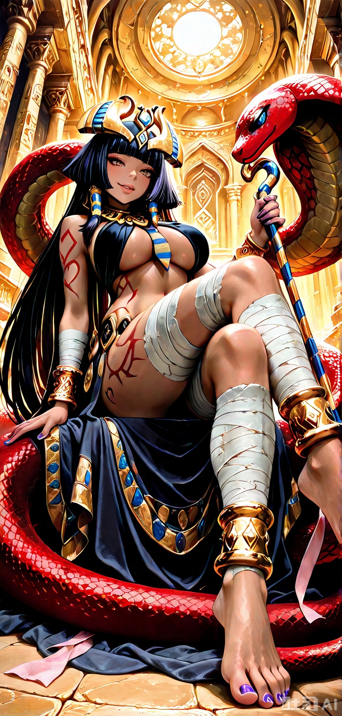 masterpiece, best quality, amazing quality, absurdres, solo, soft, 1girl, 20yo, pharaohmge, long hair, barefoot, large breasts, red eyes, dark skin, dark-skinned female, makeup, eyeliner, anklet, inner side boob, straight hair, pink ribbon, black hair, purple nails, bracelet, belly tattoo, leg tattoo, arm tattoo, bandaged arms, bandaged legs, gold jewelry, snake ornaments, usekh collar, horizontal-striped necktie, headdress, crown, cane scepter, black bikini, gold choker, gold earrings, egyptian clothes, hair tubes, sidelocks, blunt bangs, hime cut, large snake, red cobra, sitting on snake, coiled, blush, smile, full body, crossed legs, from below, toe focus, dim lighting, looking at viewer, detalled background, cinematic, volumetric lighting, dynamic shadows, temple interior, dynamic angle, dynamic pose, foreshortening, perspective, , 
,DETAILED, INTRICATE, SOFT SHADING,DETAILED TEXTURES,hyper detailed, (dynamic pose:1.4),pharaohmge,,Long hair,  straight hair,large headdress,egyptian clothes,,horizontal-striped breasts,, purple nails,anklet,holding scepter, arm tattoo,,sitting on snake,, coiled,