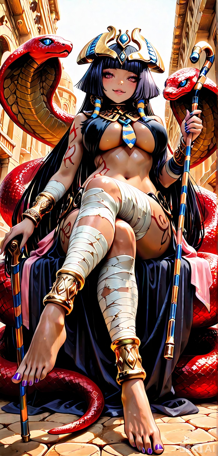 masterpiece, best quality, amazing quality, absurdres, solo, soft, 1girl, 20yo, pharaohmge, long hair, barefoot, large breasts, red eyes, dark skin, dark-skinned female, makeup, eyeliner, anklet, inner side boob, straight hair, pink ribbon, black hair, purple nails, bracelet, belly tattoo, leg tattoo, arm tattoo, bandaged arms, bandaged legs, gold jewelry, snake ornaments, usekh collar, horizontal-striped necktie, headdress, crown, cane scepter, black bikini, gold choker, gold earrings, egyptian clothes, hair tubes, sidelocks, blunt bangs, hime cut, large snake, red cobra, sitting on snake, coiled, blush, smile, full body, crossed legs, from below, looking at viewer, detailed background, cinematic, volumetric lighting, dynamic shadows, desert, dynamic angle, dynamic pose, foreshortening, perspective, , 
,DETAILED, INTRICATE, SOFT SHADING,DETAILED TEXTURES,hyper detailed, (dynamic pose:1.4),pharaohmge,,Long hair,  straight hair,large headdress,egyptian clothes,,horizontal-striped breasts,, purple nails,anklet,holding scepter, arm tattoo,,sitting on snake,, coiled,