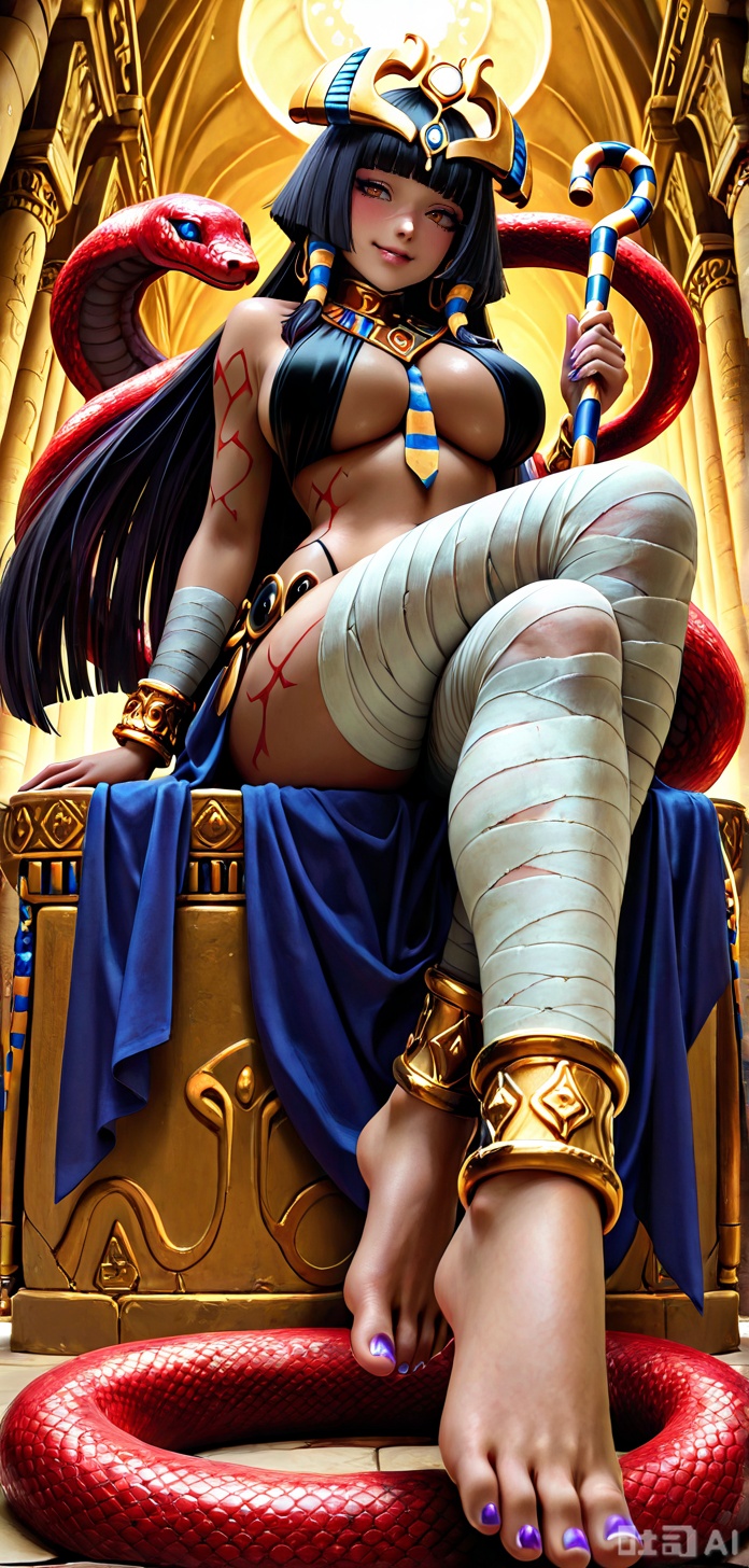 masterpiece, best quality, amazing quality, absurdres, solo, soft, 1girl, 20yo, pharaohmge, long hair, barefoot, large breasts, red eyes, dark skin, dark-skinned female, makeup, eyeliner, anklet, inner side boob, straight hair, pink ribbon, black hair, purple nails, bracelet, belly tattoo, leg tattoo, arm tattoo, bandaged arms, bandaged legs, gold jewelry, snake ornaments, usekh collar, horizontal-striped necktie, headdress, crown, cane scepter, black bikini, gold choker, gold earrings, egyptian clothes, hair tubes, sidelocks, blunt bangs, hime cut, large snake, red cobra, sitting on snake, coiled, blush, smile, full body, crossed legs, from below, toe focus, dim lighting, looking at viewer, detalled background, cinematic, volumetric lighting, dynamic shadows, temple interior, dynamic angle, dynamic pose, foreshortening, perspective, , 
,DETAILED, INTRICATE, SOFT SHADING,DETAILED TEXTURES,hyper detailed, (dynamic pose:1.4),pharaohmge,,Long hair,  straight hair,large headdress,egyptian clothes,,horizontal-striped breasts,, purple nails,anklet,holding scepter, arm tattoo,,sitting on snake,, coiled,