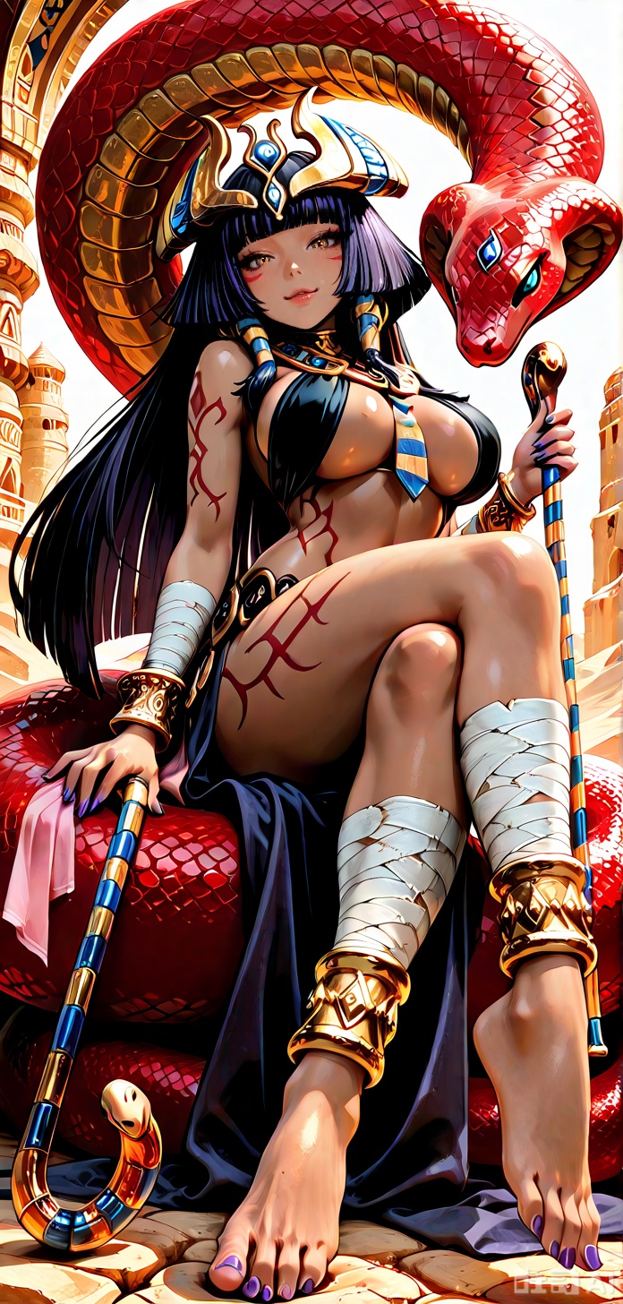 masterpiece, best quality, amazing quality, absurdres, solo, soft, 1girl, 20yo, pharaohmge, long hair, barefoot, large breasts, red eyes, dark skin, dark-skinned female, makeup, eyeliner, anklet, inner side boob, straight hair, pink ribbon, black hair, purple nails, bracelet, belly tattoo, leg tattoo, arm tattoo, bandaged arms, bandaged legs, gold jewelry, snake ornaments, usekh collar, horizontal-striped necktie, headdress, crown, cane scepter, black bikini, gold choker, gold earrings, egyptian clothes, hair tubes, sidelocks, blunt bangs, hime cut, large snake, red cobra, sitting on snake, coiled, blush, smile, full body, crossed legs, from below, looking at viewer, detailed background, cinematic, volumetric lighting, dynamic shadows, desert, dynamic angle, dynamic pose, foreshortening, perspective, , 
,DETAILED, INTRICATE, SOFT SHADING,DETAILED TEXTURES,hyper detailed, (dynamic pose:1.4),pharaohmge,,Long hair,  straight hair,large headdress,egyptian clothes,,horizontal-striped breasts,, purple nails,anklet,holding scepter, arm tattoo,,sitting on snake,, coiled,