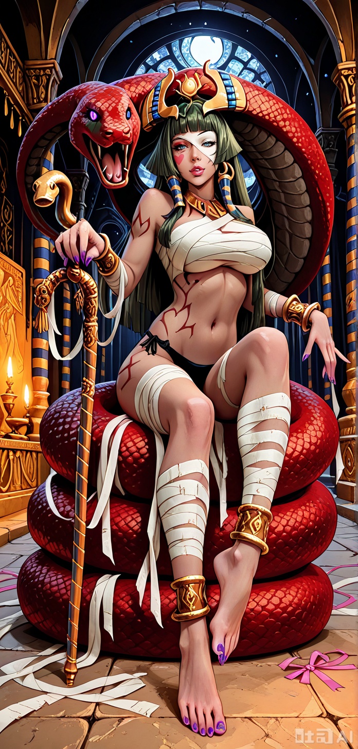 masterpiece, best quality, amazing quality, absurdres, soft, 1girl, 20yo, solo, mummymge, mummy, green hair, naked bandage, messy hair, ahoge, long hair, navel, dark-skinned female, bandaged head, dark skin, purple eyes, midriff, mummy costume, facial tattoo, hip tattoo, bandage over one eye, large breasts, zombie pose, full body, blush, looking at viewer, detailed background, cinematic, volumetric lighting, dynamic shadows, temple interior, dark background, dim lighting. dynamic angle, dynamic pose, foreshortening, perspective,  
,slora:Dramatic Lighting Slider:1.7>,pharaohmge,,Long hair,  straight hair, black hair,hime cut, sidelocks,blunt bangs,large headdress, crown,egyptian clothes,,black bikini,horizontal-striped breasts,,barefoot, inner side boob, crossed legs,makeup, eyeliner, purple nails,anklet,pink ribbon, bracelet, gold jewelry,gold earrings, hair tubes,holding scepter,cane scepter,belly tattoo, leg tattoo, arm tattoo,,large snake, red cobra,sitting on snake,,snake ornaments, coiled,,hyper detailed, (dynamic pose:1.4)