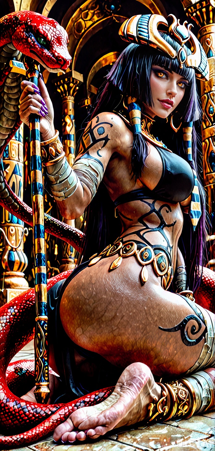 masterpiece, best quality, amazing quality, absurdres, soft, 1girl, 20yo, solo, pharaohmge, long hair, barefoot, large breasts, red eyes, dark skin, dark-skinned female, makeup, eyeliner, anklet, inner side boob,straight hair, pink ribbon, black hair, purple nails, bracelet, belly tattoo, leg tattoo, arm tattoo, bandaged arms, bandaged legs, gold jewelry, snake ornaments, usekh collar, horizontal-striped necktie, headdress, crown, holding scepter, cane scepter, black bikini, gold choker, gold earrings, egyptian clothes, hair tubes, sidelocks, blunt bangs, hime cut, large snake, red cobra, sitting on snake, Coiled, ass, from behind, kneeling, feet, soles, ass focus, bondage, blush, looking at viewer, detailed background, cinematic, volumetric lighting, dynamic shadows, temple interior, dark background, dim lighting, dynamic angle, dynamic pose, foreshortening, perspective, ,DETAILED, INTRICATE, SOFT SHADING,DETAILED TEXTURES,hyper detailed, (dynamic pose:1.4),pharaohmge,,Long hair,  straight hair,large headdress,egyptian clothes,,horizontal-striped breasts,, crossed legs, purple nails,anklet, arm tattoo,,sitting on snake,, coiled,pharaohmge,,egyptian clothes,,horizontal-striped breasts,, purple nails,anklet, arm tattoo,,sitting on snake,, coiled,