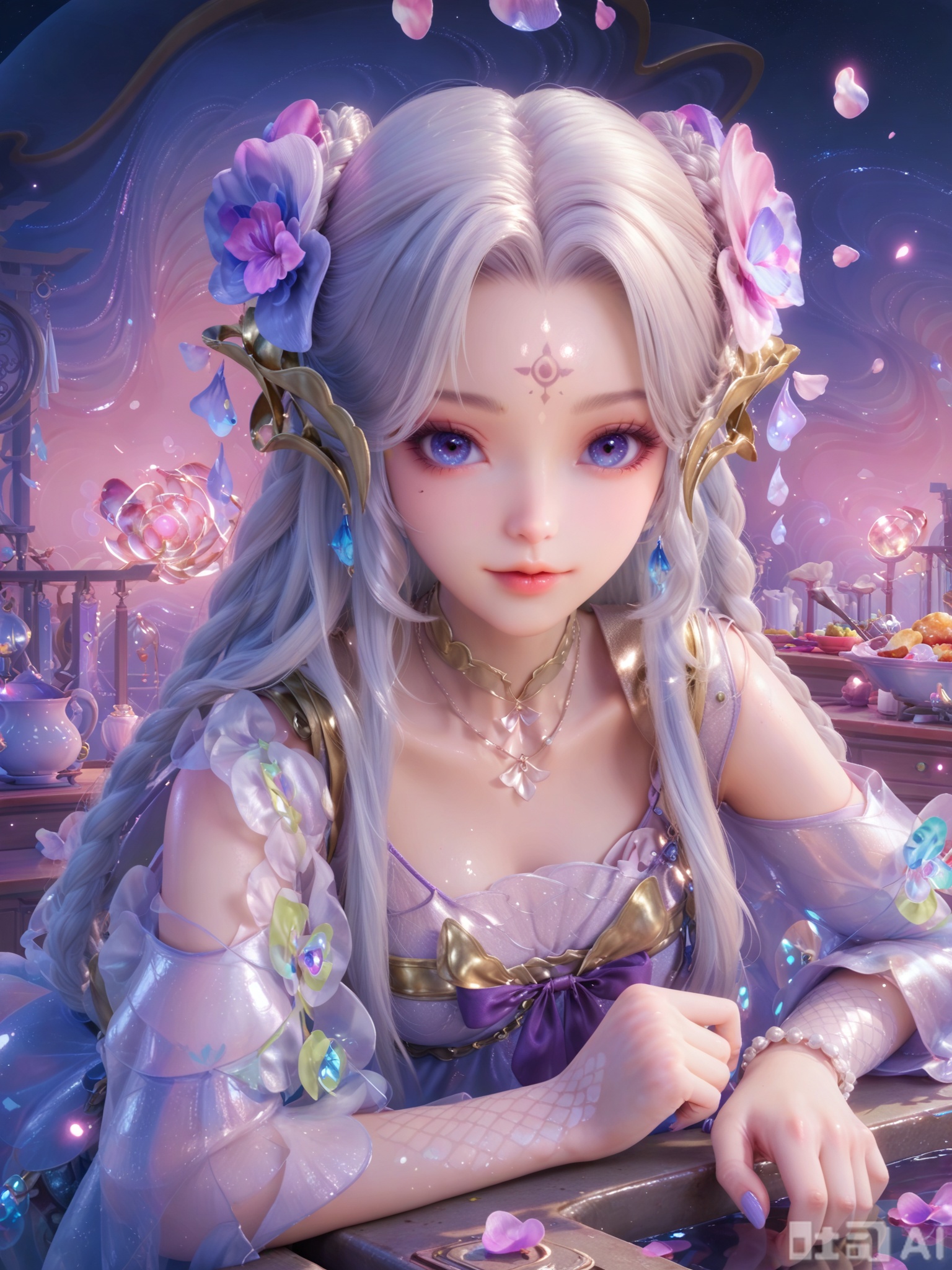 score_9,score_8_up,score_7_up,1girl,looking_at_viewer,realistic,1girl,Vivid Colors,bright environment,delicate water,hair_ornament,shiny skin,shiny hair,reflection,(wariza:1.2),dress,jewelry,flower sea,falling petals,extreme detail description,(upper body:1),put one hand on your side,kitchen,kitchen,long_hair,(skindentation:1.3),Fishnet stockings,hair ornament,earrings,necklace,forehead mark,