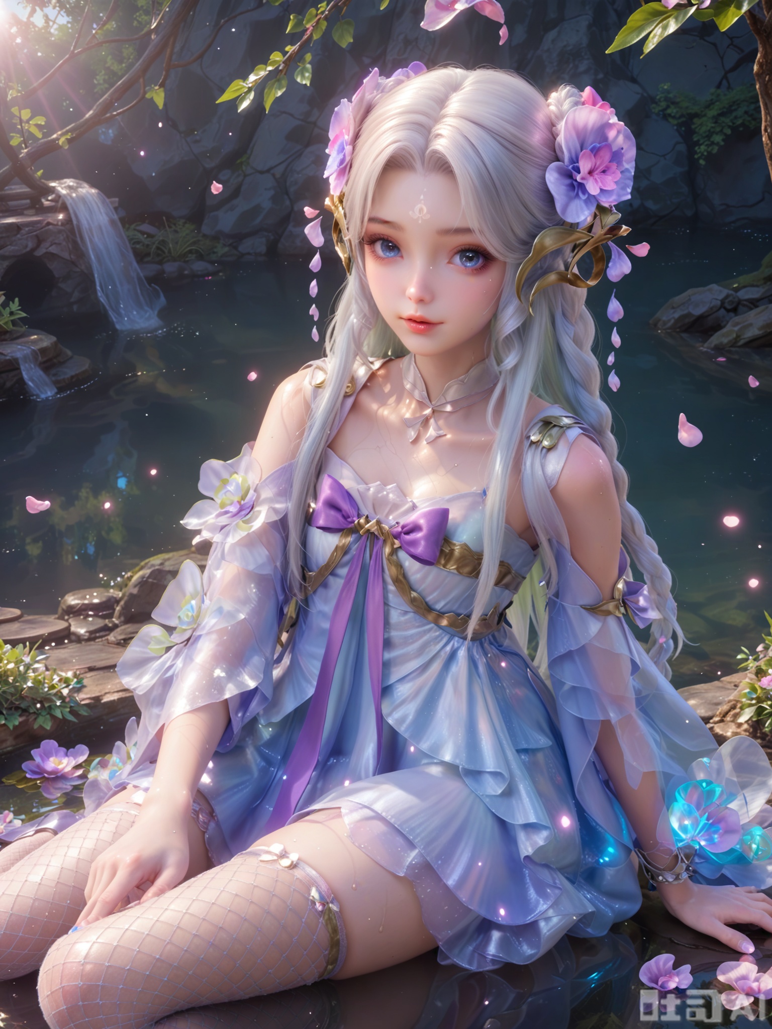 score_9,score_8_up,score_7_up,realistic,photorealistic,1girl,looking_at_viewer,realistic,1girl,Vivid Colors,bright environment,delicate water,hair_ornament,shiny skin,shiny hair,reflection,dress,flower sea,falling petals,extreme detail description,(upper body:0.3),put one hand on your side,long_hair,(skindentation:1.3),Fishnet stockings,bright,sunshine on face,light,sweating,dress,light,sitting_down,glowing,sunshine,bright,reflection,skinny,petite,thin,leg slimming,lose weight,slim hips.