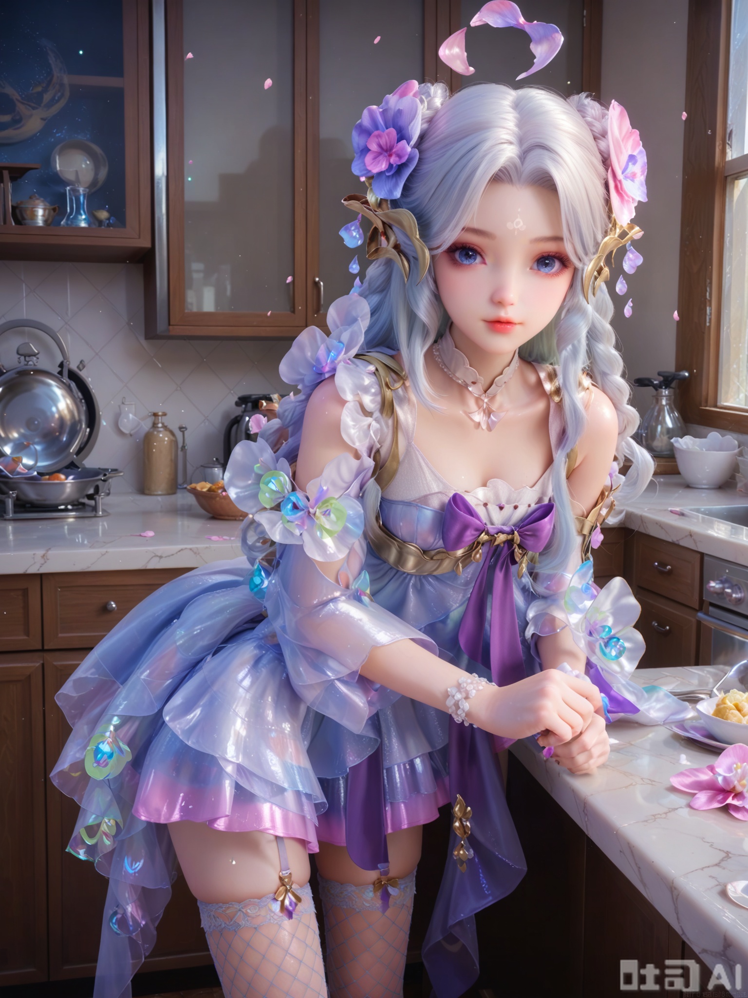 score_9,score_8_up,score_7_up,1girl,looking_at_viewer,realistic,1girl,Vivid Colors,bright environment,delicate water,hair_ornament,shiny skin,shiny hair,reflection,(wariza:1.2),dress,jewelry,flower sea,falling petals,extreme detail description,(upper body:0.4),put one hand on your side,kitchen,kitchen,long_hair,(skindentation:1.3),Fishnet stockings,hair ornament,