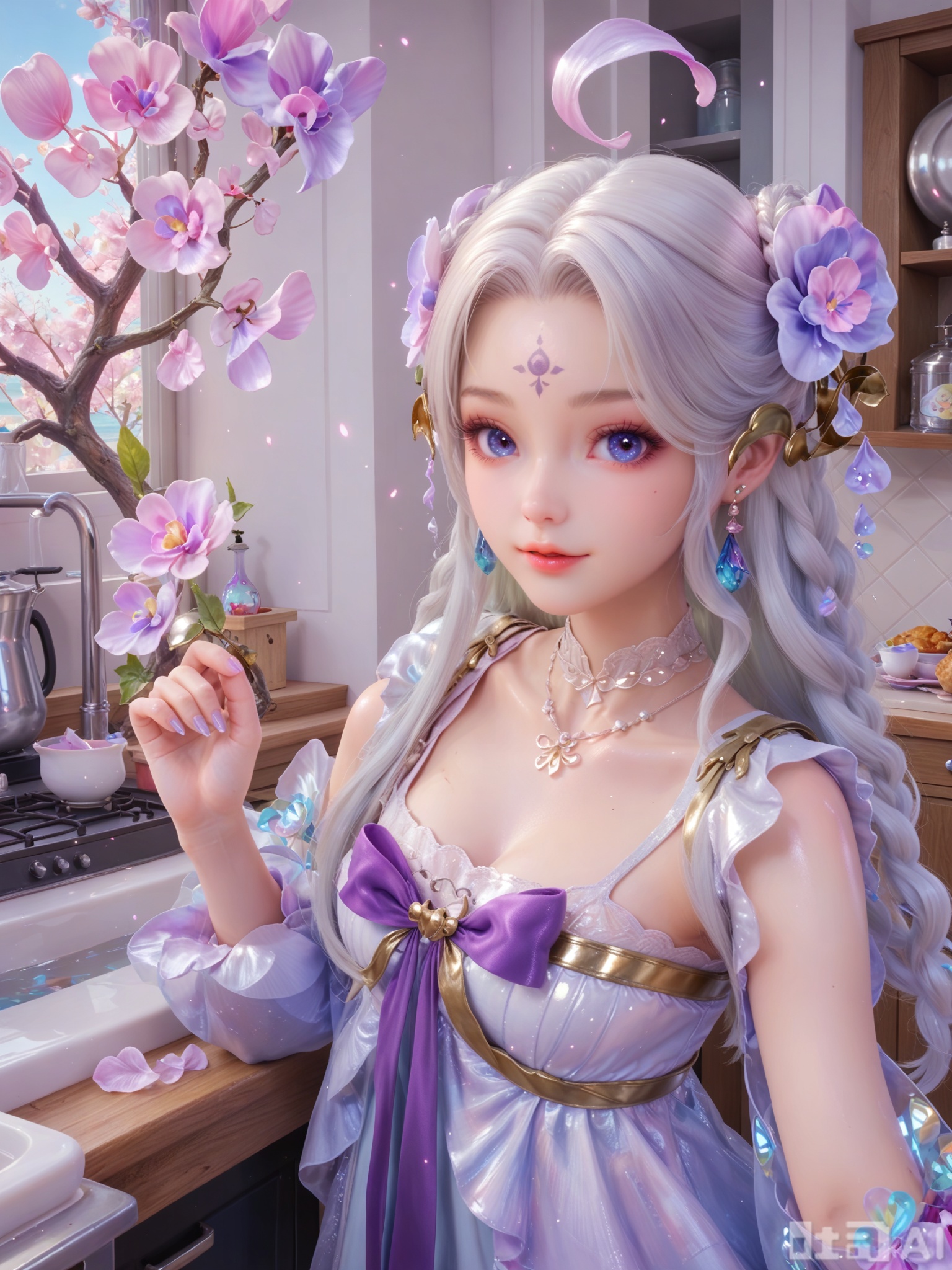 score_9,score_8_up,score_7_up,1girl,looking_at_viewer,realistic,1girl,Vivid Colors,bright environment,delicate water,hair_ornament,shiny skin,shiny hair,reflection,(wariza:1.2),dress,jewelry,flower sea,falling petals,extreme detail description,(upper body:1),put one hand on your side,kitchen,kitchen,long_hair,(skindentation:1.3),Fishnet stockings,hair ornament,earrings,necklace,forehead mark,