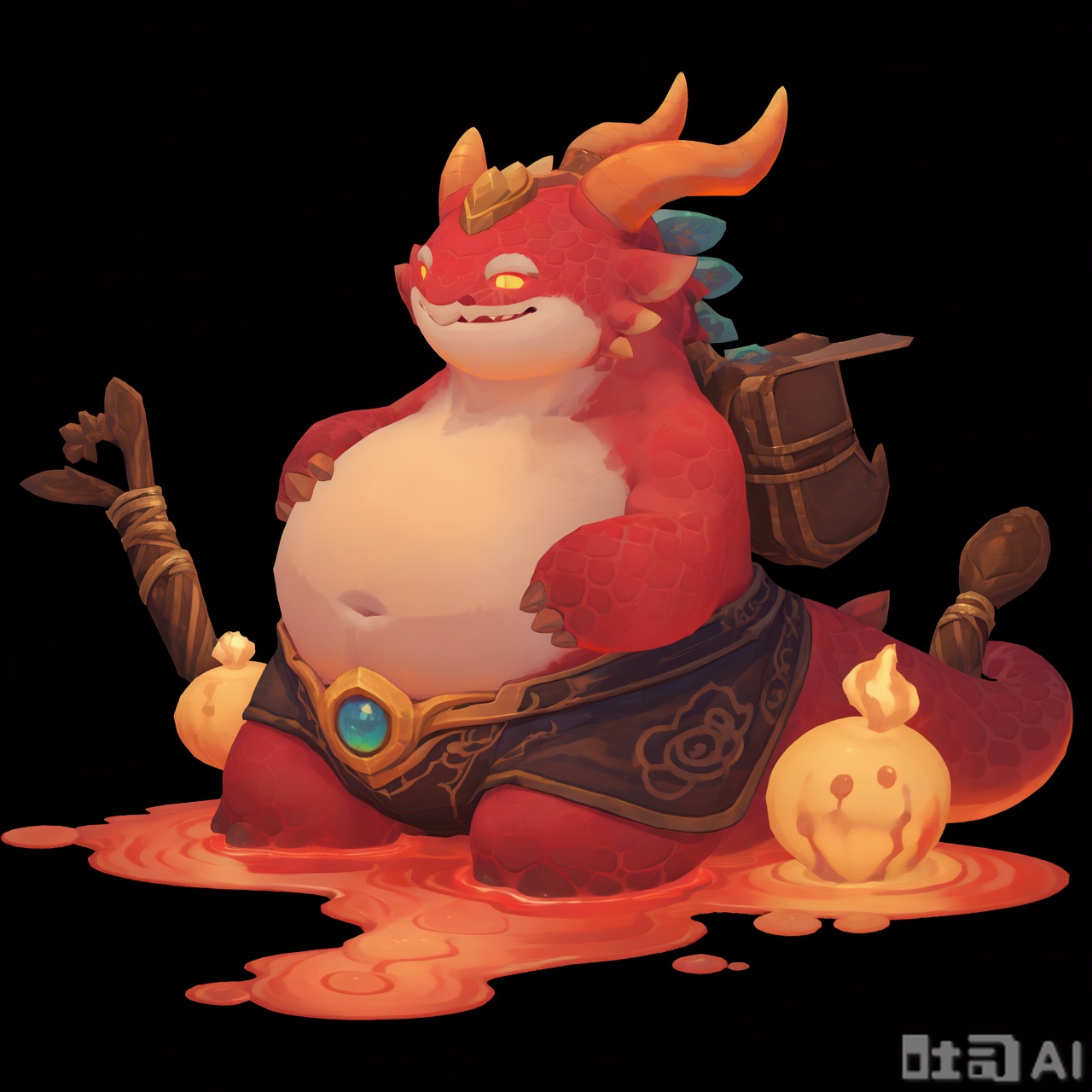 The image depicts a cute, cartoon-style creature resembling a small, round, red dragon with glowing yellow eyes. It has a round belly and is sitting on a rocky surface. The creature is wearing a lava-like outfit that covers its back and arms, with a lava-like texture and bright orange-red color. It has small, pointed ears and a friendly expression. The background consists of a bright blue sky with fluffy white clouds, and there are green pine trees in the distance. The overall scene gives a sense of a whimsical, fantasy setting.choncc\(league of legends\),dragon,furry