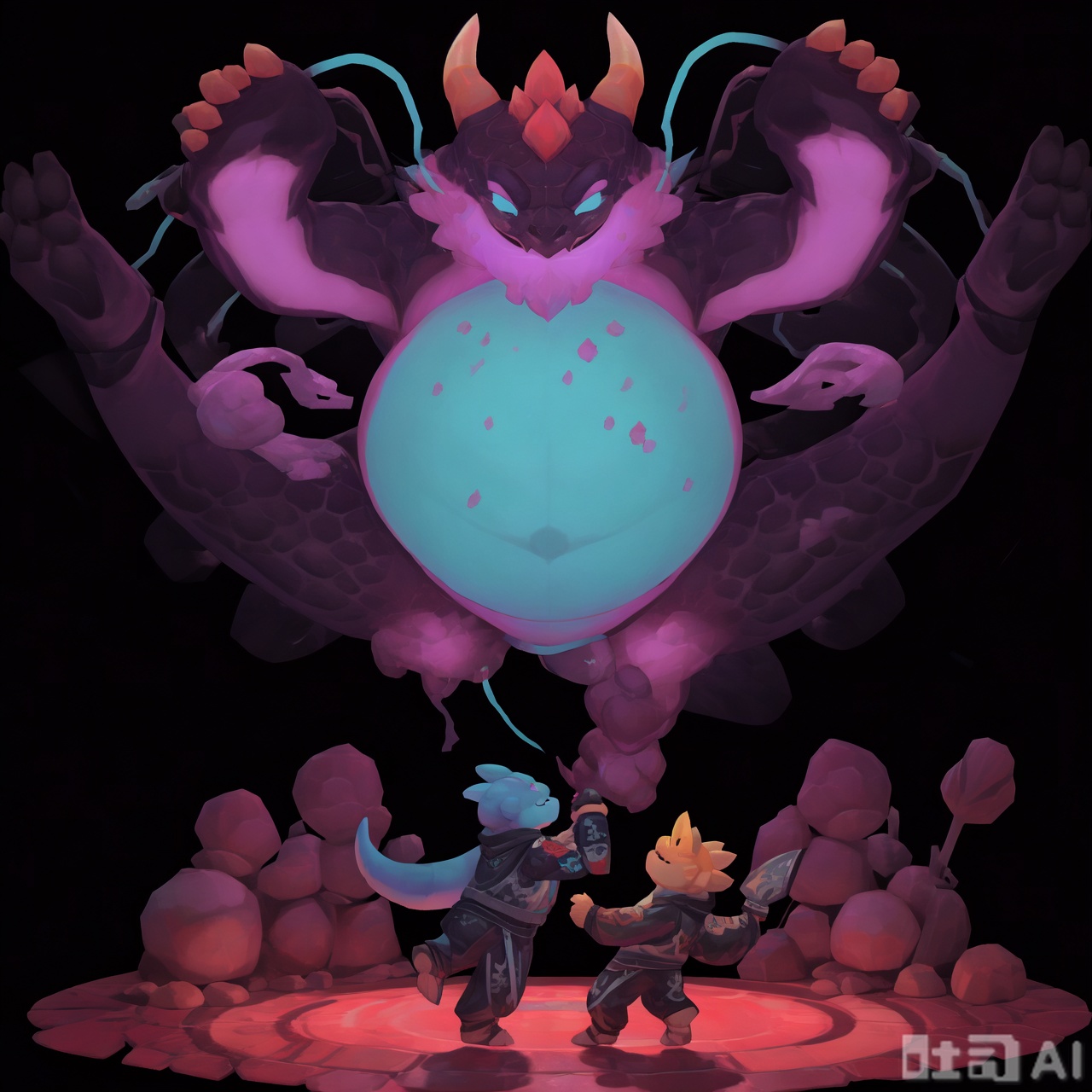 The image depicts a vibrant and colorful scene with a central character that resembles a stylized dinosaur or reptile wearing a hoodie. The character has a large belly, green spikes on its arms, and a friendly expression. It is surrounded by a futuristic, glowing environment with a mix of purple and blue hues. In the background, there are two other smaller characters, one on the left and one on the right, both with blue skin and spiky hair. They appear to be engaged in some form of activity, possibly dancing or performing. The ground is illuminated with green and yellow lights, creating a dynamic and lively atmosphere. The overall setting suggests a digital or virtual world, possibly from a video game or animated series.choncc\(league of legends\),dragon,furry