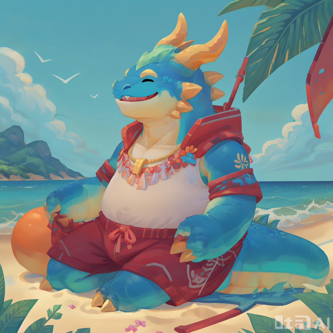 The image depicts a cheerful blue creature sitting on a sandy beach, enjoying a relaxed moment. The creature is wearing a red headband, a gold necklace with a yellow pendant, and red shorts. It has a friendly expression and is holding a small red creature in its left arm, which resembles a dragon. The background features a tropical setting with palm trees, a clear blue sky, and a calm ocean. The overall atmosphere is bright and inviting, suggesting a peaceful and fun day at the beach.choncc\(league of legends\),dragon,furry