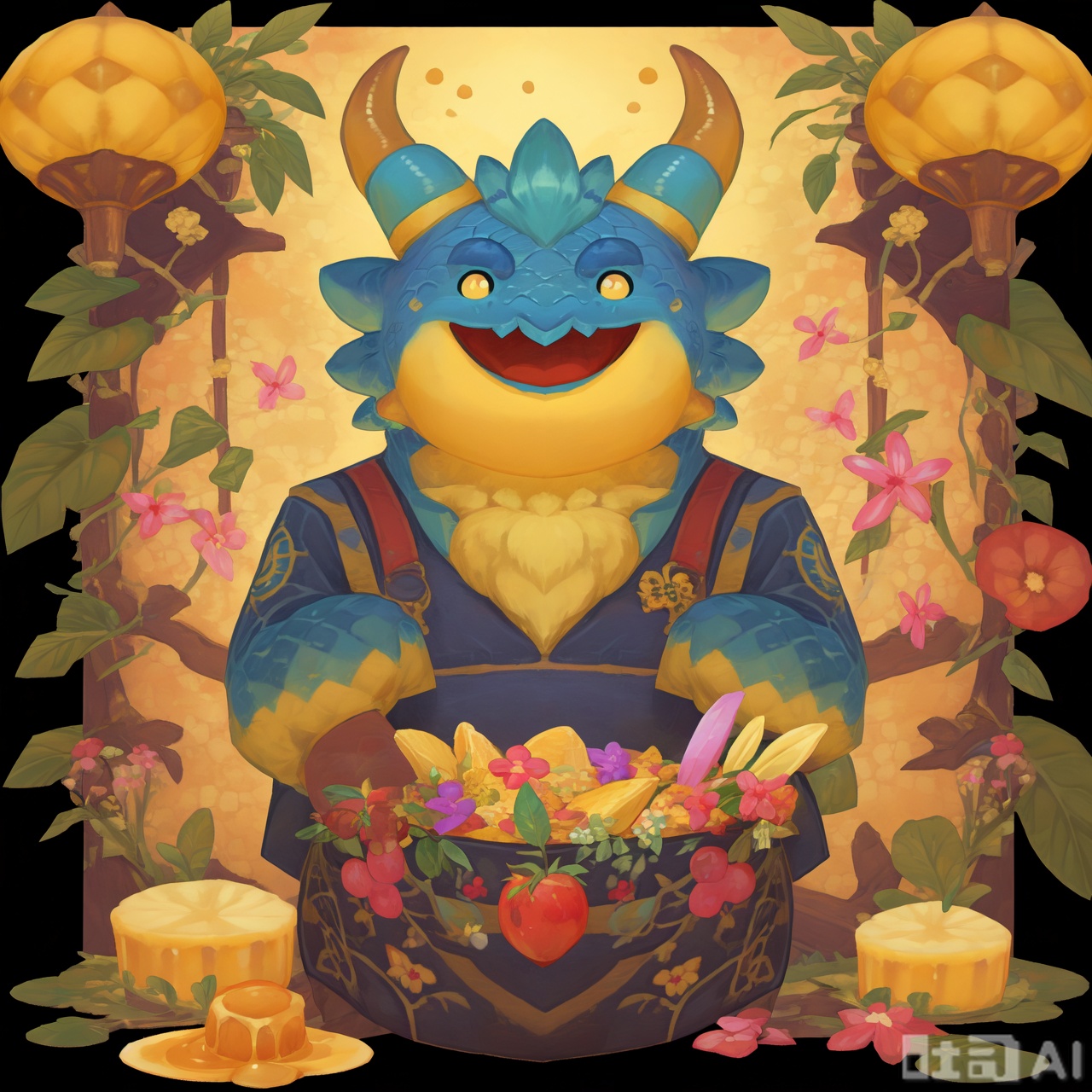 The image depicts a cheerful, anthropomorphic creature resembling a honey badger, with a large smile and horns. It is surrounded by various honey products, including honeycombs, honey cakes, and honey-themed items like a basket filled with fruits and a honeycomb structure. The background is a bright, clear blue sky with a few clouds, giving a sense of a sunny day. The overall scene is whimsical and playful, with a focus on honey and nature.choncc\(league of legends\),dragon,furry