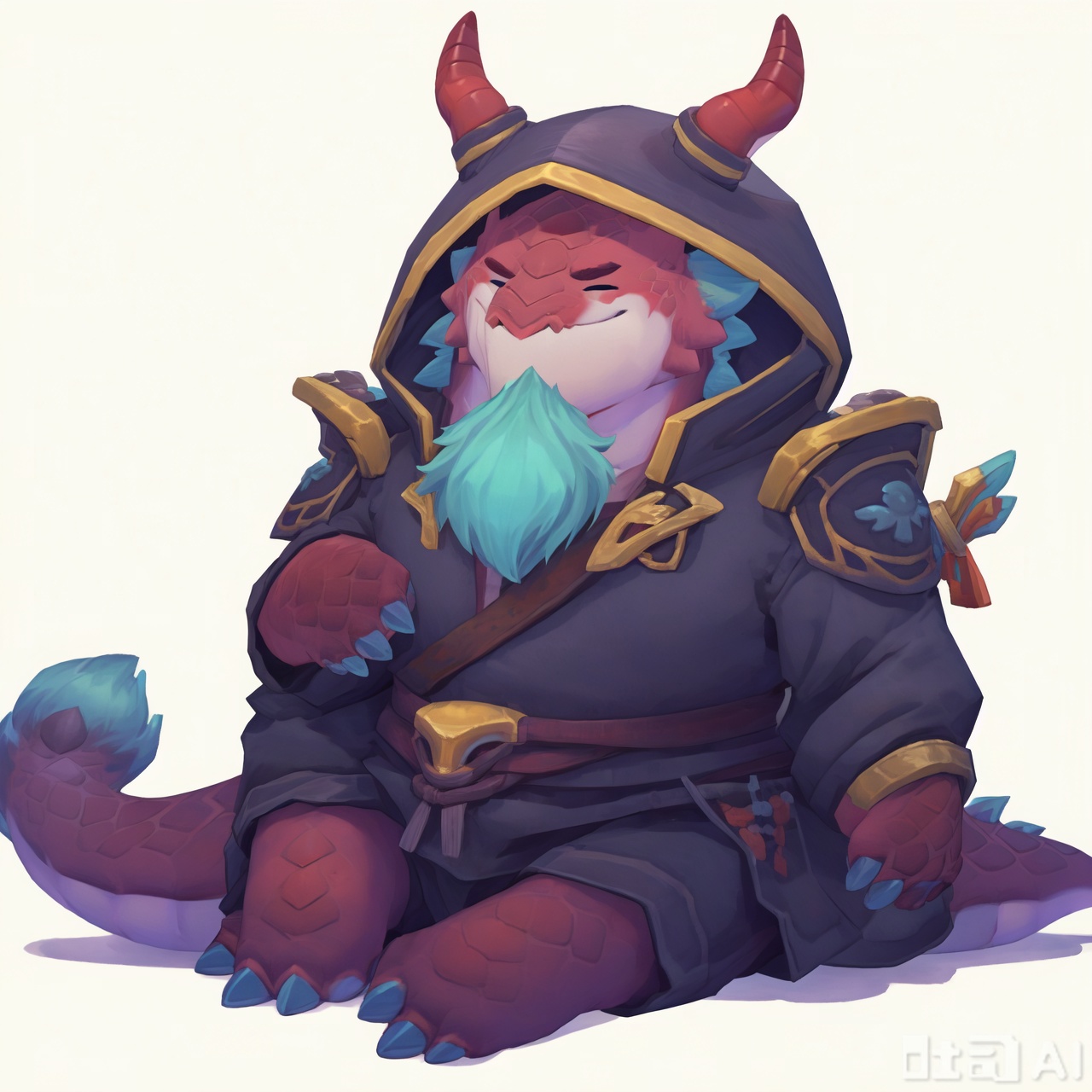 sitting, closed eyes, hood, no humans, claws,choncc\(league of legends\),dragon,furry