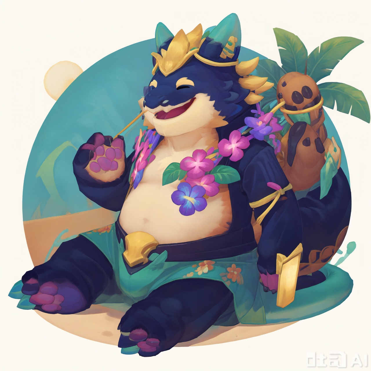 The image depicts a cheerful anthropomorphic character resembling a fox or wolf, sitting on a sandy beach. The character is adorned with a colorful lei made of flowers and is wearing a green and yellow outfit. It has a friendly expression and is waving with one paw. In its right paw, it holds a small, spiky creature, possibly a toy or a companion. The background features a tropical setting with palm trees, a clear blue sky, and a calm ocean. The overall atmosphere is bright and relaxing, evoking a sense of leisure and enjoyment.choncc\(league of legends\),dragon,furry