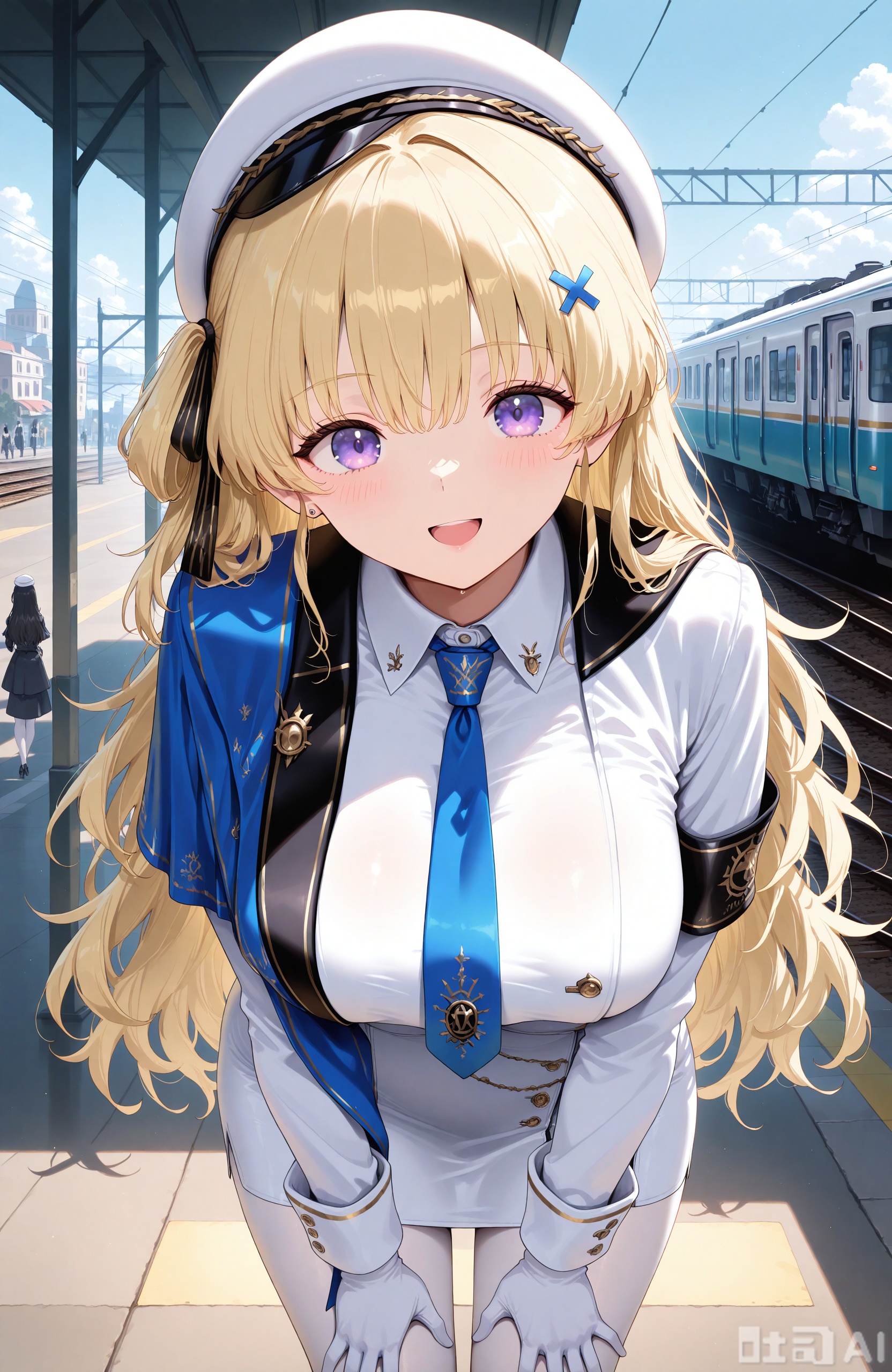 masterpiece,best quality,high quality, 1girl,feibi,blonde hair,long hair, purple eyes,loves,long hair,white gloves,pantyhose,breasts,skirt,white shirt,blue necktie,necktie,shirt,jacket,black jacket,very long hair,train,hat,train station,long sleeves,looking at viewer,open mouth,smile,leaning forward,hair between eyes,collared shirt,black skirt,large breasts,bangs,belt,pencil skirt,white headwear,solo,garrison cap,:d,blush,uniform,white pantyhose,ground vehicle,armband,hand on own thigh,solo focus,