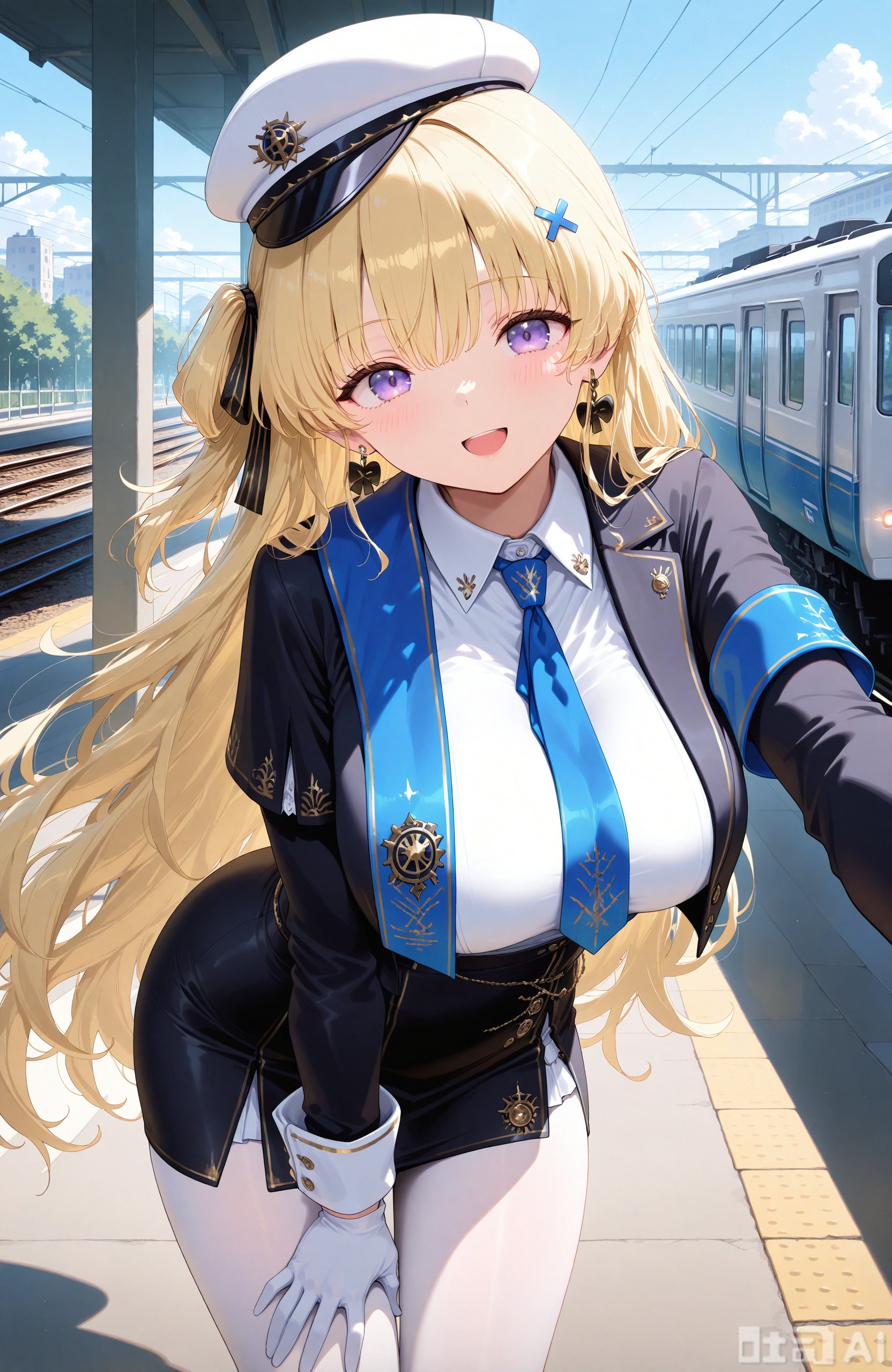 masterpiece,best quality,high quality, 1girl,feibi,blonde hair,long hair, purple eyes,loves,long hair,white gloves,pantyhose,breasts,skirt,white shirt,blue necktie,necktie,shirt,jacket,black jacket,very long hair,train,hat,train station,long sleeves,looking at viewer,open mouth,smile,leaning forward,hair between eyes,collared shirt,black skirt,large breasts,bangs,belt,pencil skirt,white headwear,solo,garrison cap,:d,blush,uniform,white pantyhose,ground vehicle,armband,hand on own thigh,solo focus,