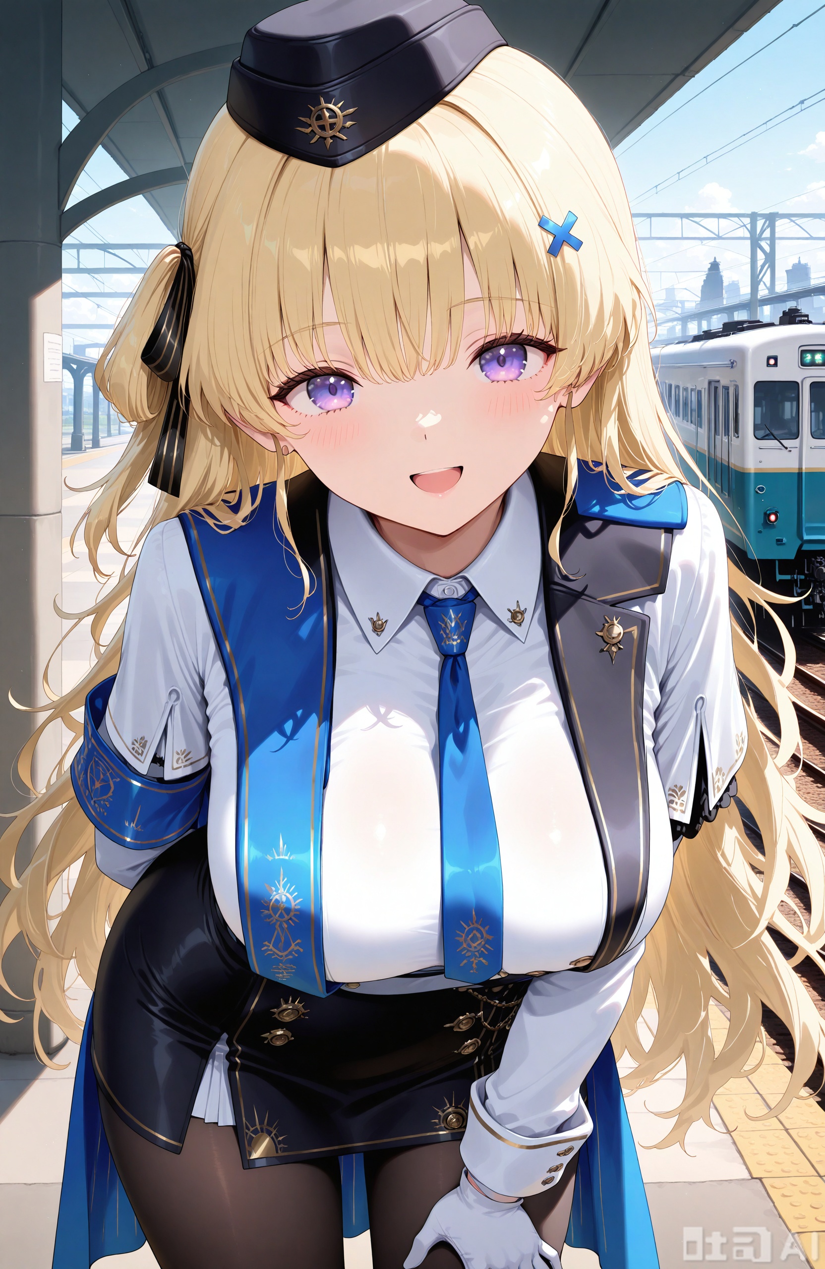 masterpiece,best quality,high quality, 1girl,feibi,blonde hair,long hair, purple eyes,loves,long hair,white gloves,pantyhose,breasts,skirt,white shirt,blue necktie,necktie,shirt,jacket,black jacket,very long hair,train,hat,train station,long sleeves,looking at viewer,open mouth,smile,leaning forward,hair between eyes,collared shirt,black skirt,large breasts,bangs,belt,pencil skirt,black headwear,solo,garrison cap,:d,blush,uniform,black pantyhose,ground vehicle,armband,hand on own thigh,solo focus,