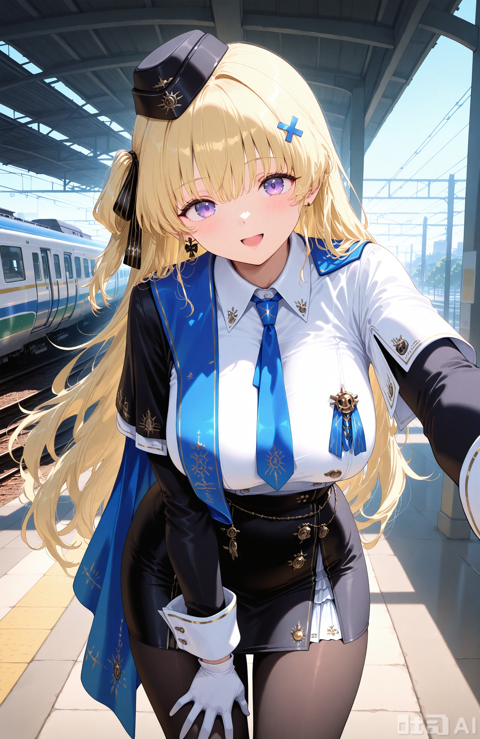 masterpiece,best quality,high quality, 1girl,feibi,blonde hair,long hair, purple eyes,loves,long hair,white gloves,pantyhose,breasts,skirt,white shirt,blue necktie,necktie,shirt,jacket,black jacket,very long hair,train,hat,train station,long sleeves,looking at viewer,open mouth,smile,leaning forward,hair between eyes,collared shirt,black skirt,large breasts,bangs,belt,pencil skirt,black headwear,solo,garrison cap,:d,blush,uniform,black pantyhose,ground vehicle,armband,hand on own thigh,solo focus,