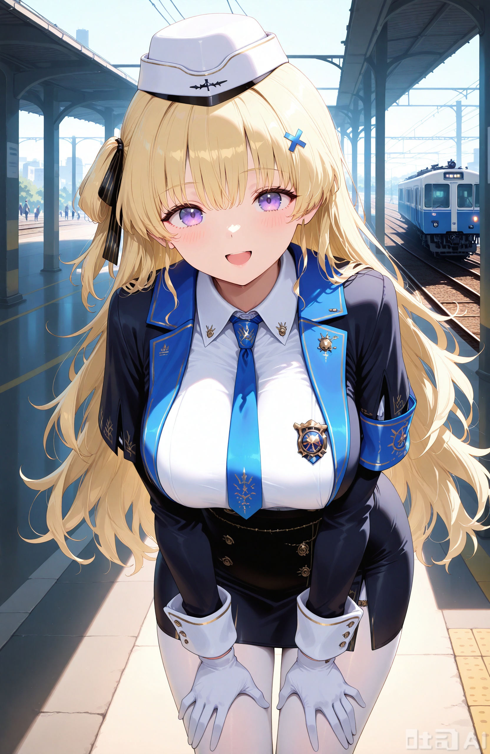 masterpiece,best quality,high quality, 1girl,feibi,blonde hair,long hair, purple eyes,loves,long hair,white gloves,pantyhose,breasts,skirt,white shirt,blue necktie,necktie,shirt,jacket,black jacket,very long hair,train,hat,train station,long sleeves,looking at viewer,open mouth,smile,leaning forward,hair between eyes,collared shirt,black skirt,large breasts,bangs,belt,pencil skirt,white headwear,solo,garrison cap,:d,blush,uniform,white pantyhose,ground vehicle,armband,hand on own thigh,solo focus,