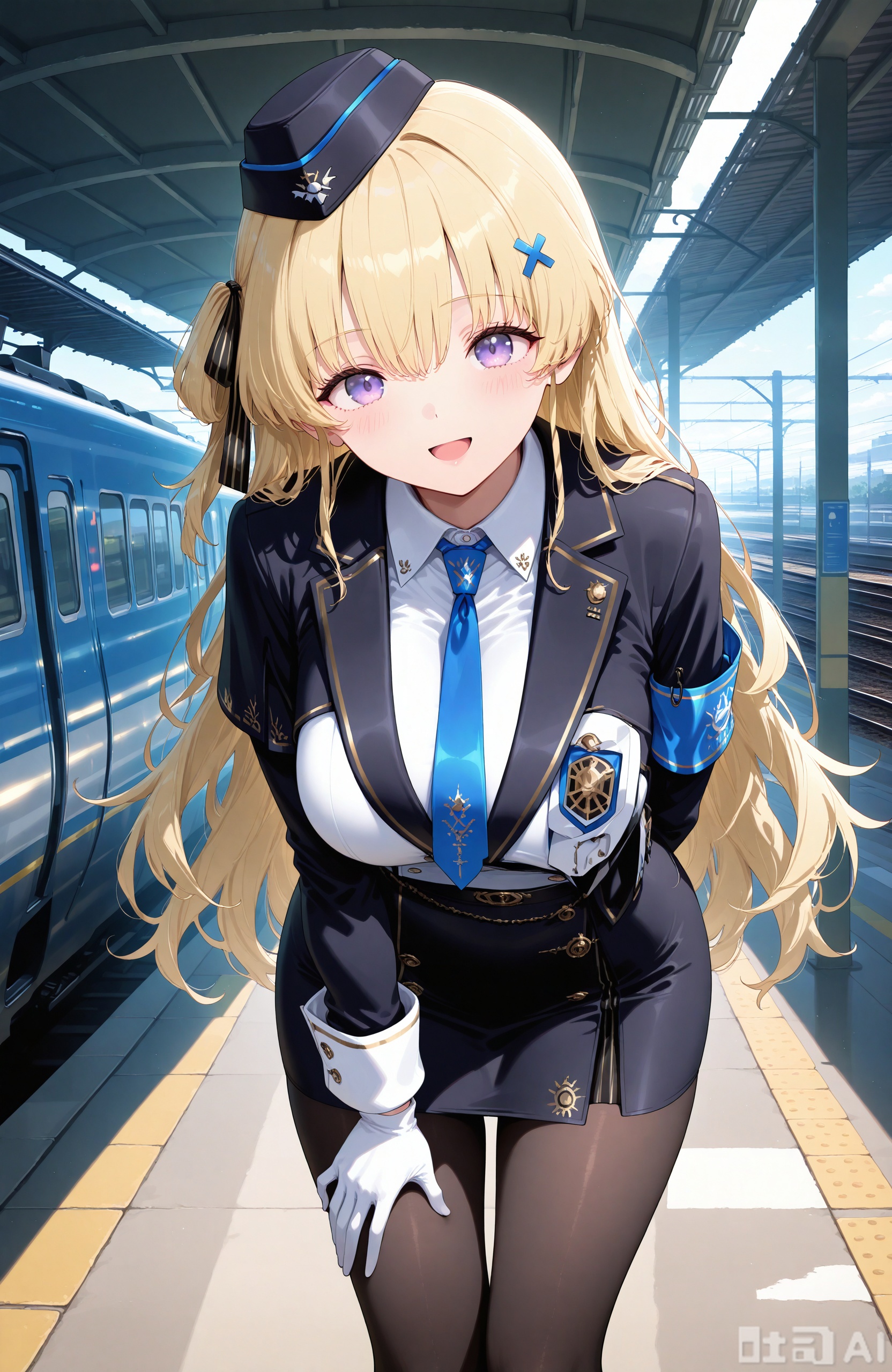 masterpiece,best quality,high quality, 1girl,feibi,blonde hair,long hair, purple eyes,loves,long hair,white gloves,pantyhose,breasts,skirt,white shirt,blue necktie,necktie,shirt,jacket,black jacket,very long hair,train,hat,train station,long sleeves,looking at viewer,open mouth,smile,leaning forward,hair between eyes,collared shirt,black skirt,large breasts,bangs,belt,pencil skirt,black headwear,solo,garrison cap,:d,blush,uniform,black pantyhose,ground vehicle,armband,hand on own thigh,solo focus,