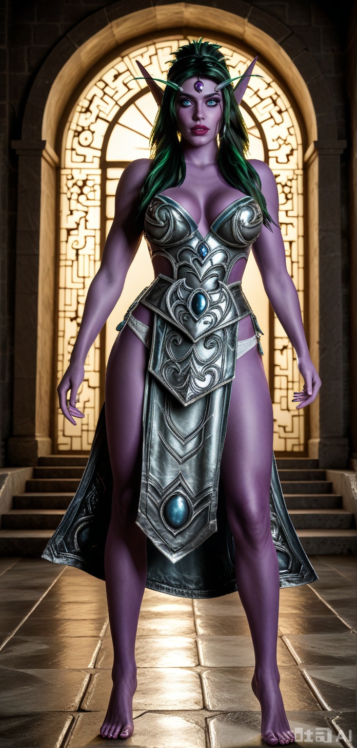 masterpiece, best quality, amazing quality, absurdres, soft, 1girl, 20yo, solo, full body, blush, looking at viewer, detailed background, cinematic, volumetric lighting, dynamic shadows, temple interior, dark background, dim lighting. dynamic angle, dynamic pose, foreshortening, perspective,  barefoot, hyper detailed, (dynamic pose:1.4),NIGHTELFWOW,COLOURED PURPLE SKIN,,GREEN HAIR,