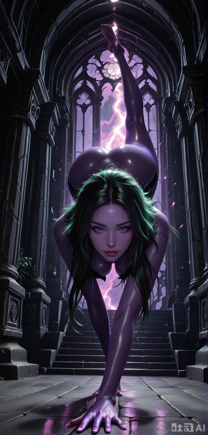 masterpiece, best quality, amazing quality, absurdres, soft, 1girl, 20yo, solo, full body, blush, looking at viewer, detailed background, cinematic, volumetric lighting, dynamic shadows, temple interior, dark background, dim lighting. dynamic angle, dynamic pose, foreshortening, perspective,  barefoot, hyper detailed, (dynamic pose:1.4),NIGHTELFWOW,COLOURED PURPLE SKIN,,GREEN HAIR,