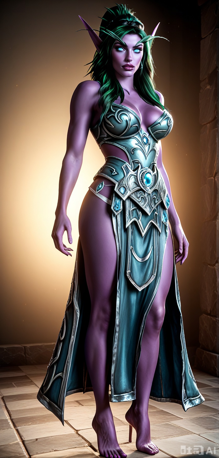 masterpiece, best quality, amazing quality, absurdres, soft, 1girl, 20yo, solo, full body, blush, looking at viewer, detailed background, cinematic, volumetric lighting, dynamic shadows, temple interior, dark background, dim lighting. dynamic angle, dynamic pose, foreshortening, perspective,  barefoot, hyper detailed, (dynamic pose:1.4),NIGHTELFWOW,COLOURED PURPLE SKIN,,GREEN HAIR,