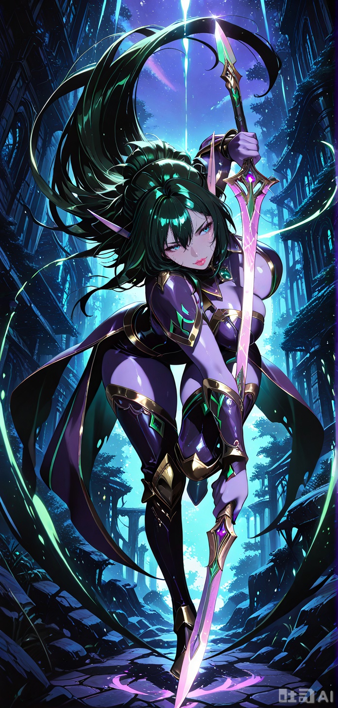 masterpiece, best quality, amazing quality, absurdres, soft, 1girl, 20yo, solo, full body, blush, looking at viewer, detailed background, cinematic, volumetric lighting, dynamic shadows,per detailed, (dynamic pose:1.4),NIGHTELFWOW,COLOURED PURPLE SKIN,,GREEN HAIR,hold a weapon bow.  aim to viewer.