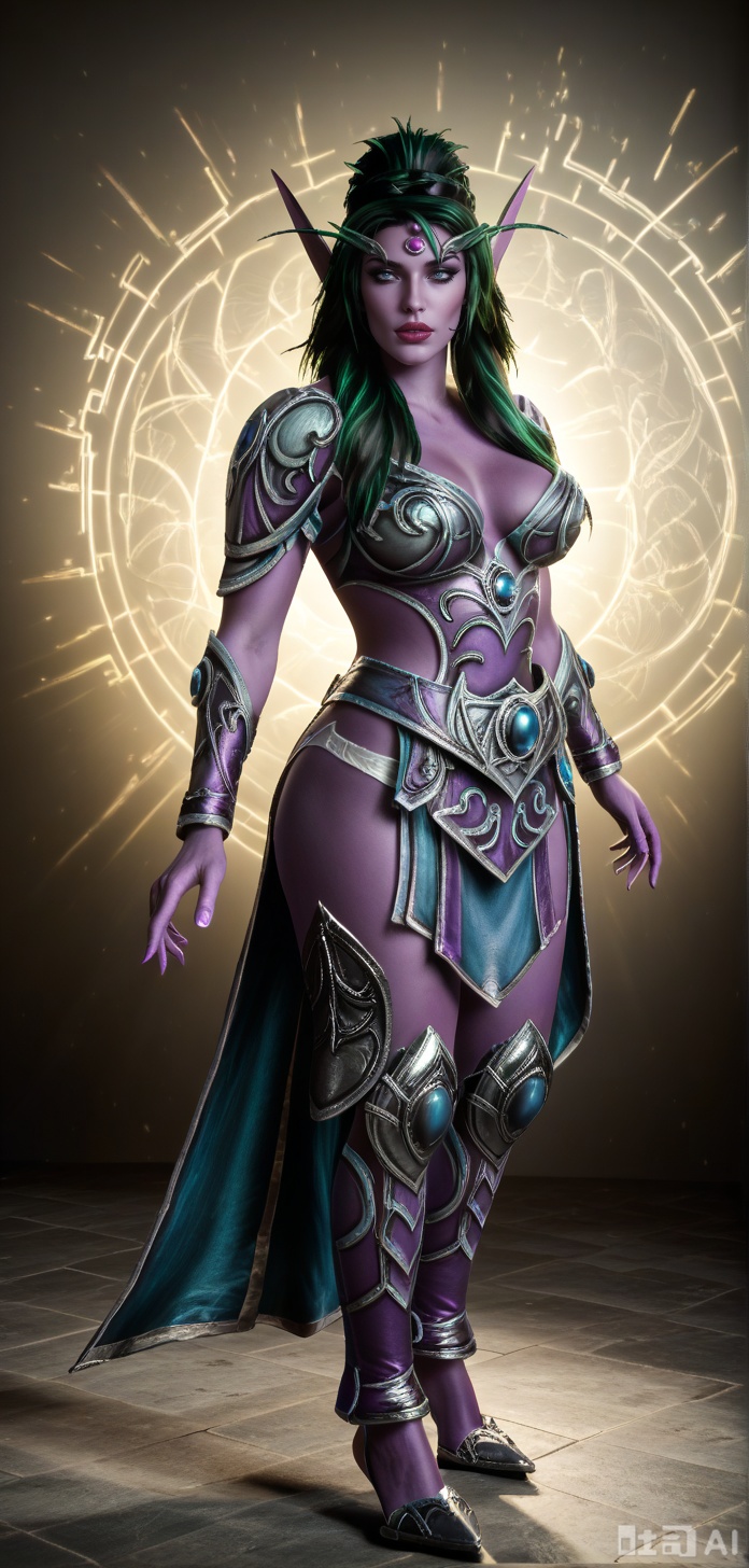 masterpiece, best quality, amazing quality, absurdres, soft, 1girl, 20yo, solo, full body, blush, looking at viewer, detailed background, cinematic, volumetric lighting, dynamic shadows,per detailed, (dynamic pose:1.4),NIGHTELFWOW,COLOURED PURPLE SKIN,,GREEN HAIR,hold a weapon bow.  aim to viewer.