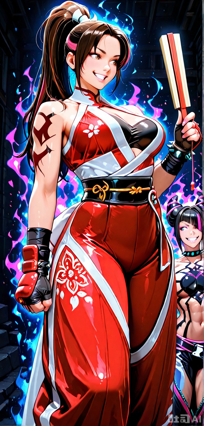 masterpiece,best quality, amazing quality, (nice eyes),groupimg, couple, 2girls, maishau, 
maistandaroutfit, maihair, jurifighter, juristandoutfit, juri_hairhorns, multiple girls, breasts, smile, ponytail, brown eyes, brown hair,mai gloves, mai japanese clothes, confident expression, evil smile, bare shoulders, BREAK, black hair, purple eyes, juri tattoo, belt,multicolored hair, pink hair, holding fan, streaked hair, spiked collar, Spiked bracelet, looking at another, pruple Aura, red aura, dark background, grin, maishau on right, jurifighter on left, upperbody ,impressionism, high detail, depth of field,BAGGY PANTS,DUDOU,ALTERNATE HAIR,JURIOUTFIT2,HALTERNECK,MAISTREET FIGHTER6,MAI BANDEAU,RED PANTS,JURIFIGHTER