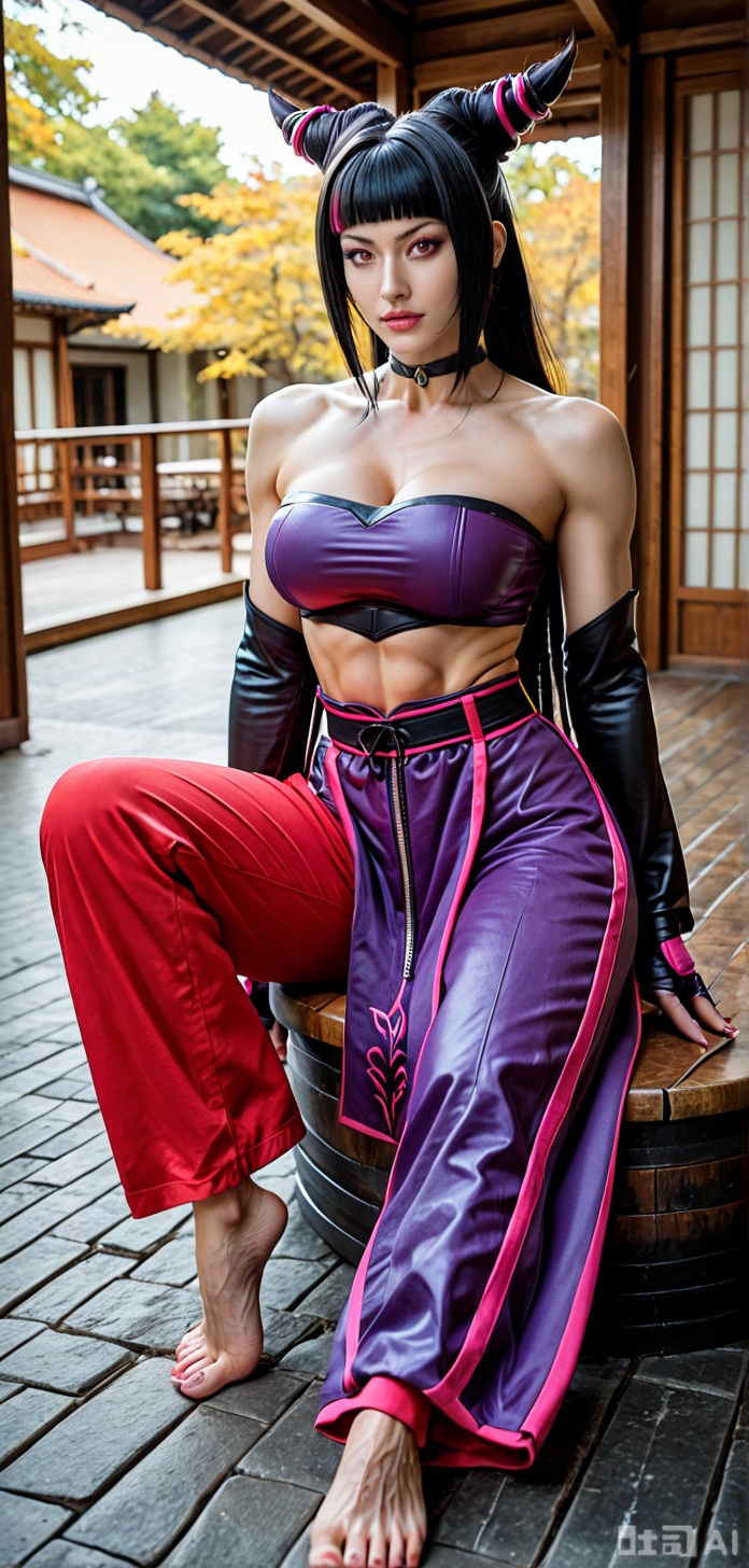 vibrant coloring, bright coloring, anime, depth field,  1girl, solo, maistreet_fighter6, maishau, large breasts, messy hair, long hair, black hair, hair ornament, brown eyes, large breasts, midriff, Mai bandeau, red pants, cleavage, barefoot, soles, wrinkled feet, wrinkled soles, ((toenails)l, looking at viewer, sitting on patio, dojo, outdoors,  scrunched_toes, crossed_feet,  anime screencap, anime screenshot, anime coloring,DETAILED, INTRICATE, SOFT SHADING,DETAILED TEXTURES,hyper detailed, (dynamic pose:1.4),MAIFATALFURYOUTFIT CHOKER,PELVIC CURTAIN, HIGHLEG, PANTIES,,MAISTANDAROUTFIT, PELVIC CURTAIN,MAI JAPANESE CLOTHES,,MAICASUAL, WHITE **** TOP, PINK SHORTS,BARE SHOULDERS,,MAISTREET FIGHTER6,MAI BANDEAU,RED PANTS,JURIFIGHTER,JURI_HAIRHORNS BLACK HAIR,MULTICOLORED HAIR, STREAKED HAIR, BANGS,PURPLE EYES, DICHROMATIC EYES,JURICATSUIT,EYEPATCH, FINGERLESS GLOVES,PURPLE BODYSUIT, BIKER CLOTHES,,JURIHOODY, ZIPPER, UNZIPPED,,JURICASUAL,JURI LONG HAIR,ALTERNATE HAIR,JURIOUTFIT2,HALTERNECK,DUDOU,BAGGY PANTS, DICHROMATIC EYES, BIKER CLOTHES, 