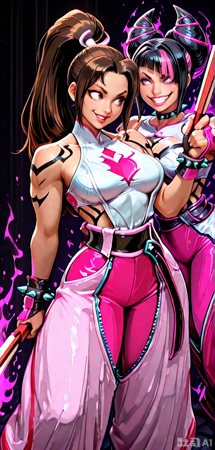 masterpiece,best quality, amazing quality, (nice eyes),groupimg, couple, 2girls, maishau, 
maistandaroutfit, maihair, jurifighter, juristandoutfit, juri_hairhorns, multiple girls, breasts, smile, ponytail, brown eyes, brown hair,mai gloves, mai japanese clothes, confident expression, evil smile, bare shoulders, BREAK, black hair, purple eyes, juri tattoo, belt,multicolored hair, pink hair, holding fan, streaked hair, spiked collar, Spiked bracelet, looking at another, pruple Aura, red aura, dark background, grin, maishau on right, jurifighter on left, upperbody ,impressionism, high detail, depth of field,DUDOU,BAGGY PANTS,ALTERNATE HAIR,JURIOUTFIT2,HALTERNECK, UNZIPPED,,JURICASUAL,JURI LONG HAIR,MAI JAPANESE CLOTHES,, WHITE **** TOP, PINK SHORTS,BARE SHOULDERS,,MAISTREET FIGHTER6,MAI BANDEAU