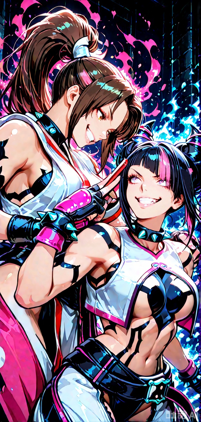 masterpiece,best quality, amazing quality, (nice eyes),groupimg, couple, 2girls, maishau, 
maistandaroutfit, maihair, jurifighter, juristandoutfit, juri_hairhorns, multiple girls, breasts, smile, ponytail, brown eyes, brown hair,mai gloves, mai japanese clothes, confident expression, evil smile, bare shoulders, BREAK, black hair, purple eyes, juri tattoo, belt,multicolored hair, pink hair, holding fan, streaked hair, spiked collar, Spiked bracelet, looking at another, pruple Aura, red aura, dark background, grin, maishau on right, jurifighter on left, upperbody ,impressionism, high detail, depth of field, 