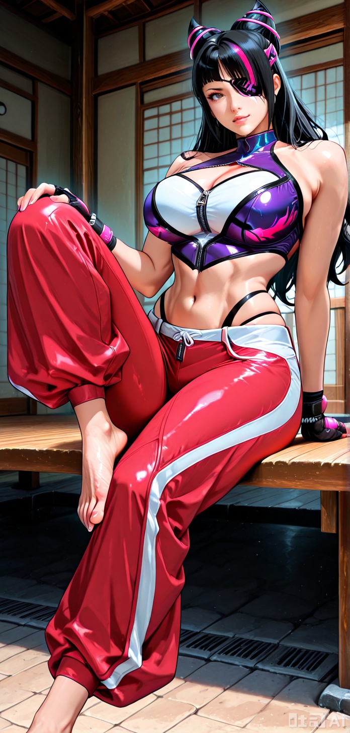 vibrant coloring, bright coloring, anime, depth field,  1girl, solo, maistreet_fighter6, maishau, large breasts, messy hair, long hair, black hair, hair ornament, brown eyes, large breasts, midriff, Mai bandeau, red pants, cleavage, barefoot, soles, wrinkled feet, wrinkled soles, ((toenails)l, looking at viewer, sitting on patio, dojo, outdoors,  scrunched_toes, crossed_feet,  anime screencap, anime screenshot, anime coloring,DETAILED, INTRICATE, SOFT SHADING,DETAILED TEXTURES,hyper detailed, (dynamic pose:1.4),MAIFATALFURYOUTFIT CHOKER,PELVIC CURTAIN, HIGHLEG, PANTIES,,MAISTANDAROUTFIT, PELVIC CURTAIN,MAI JAPANESE CLOTHES,,MAICASUAL, WHITE **** TOP, PINK SHORTS,BARE SHOULDERS,,MAISTREET FIGHTER6,MAI BANDEAU,RED PANTS,JURIFIGHTER,JURI_HAIRHORNS BLACK HAIR,MULTICOLORED HAIR, STREAKED HAIR, BANGS,PURPLE EYES, DICHROMATIC EYES,JURICATSUIT,EYEPATCH, FINGERLESS GLOVES,PURPLE BODYSUIT, BIKER CLOTHES,,JURIHOODY, ZIPPER, UNZIPPED,,JURICASUAL,JURI LONG HAIR,ALTERNATE HAIR,JURIOUTFIT2,HALTERNECK,DUDOU,BAGGY PANTS