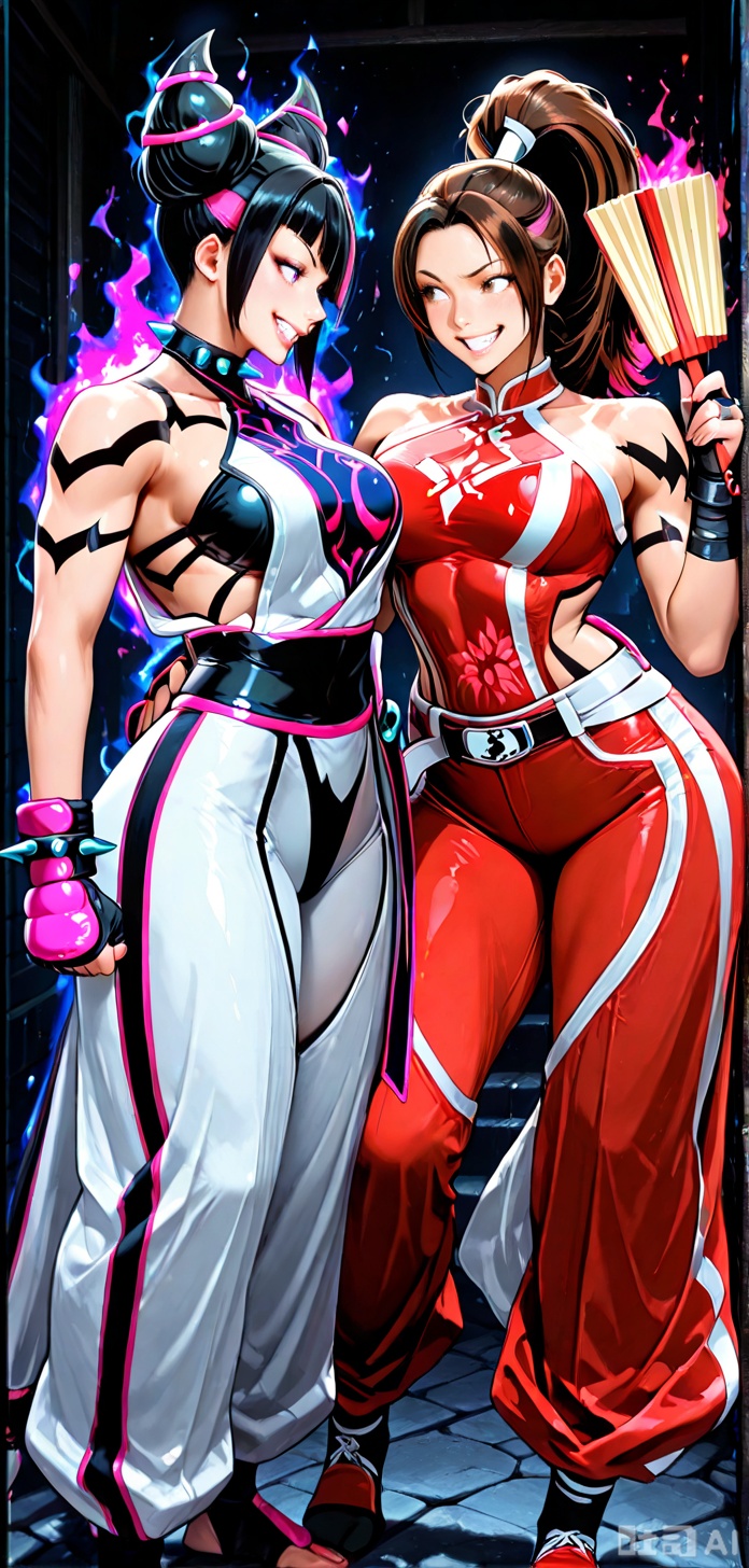 masterpiece,best quality, amazing quality, (nice eyes),groupimg, couple, 2girls, maishau, 
maistandaroutfit, maihair, jurifighter, juristandoutfit, juri_hairhorns, multiple girls, breasts, smile, ponytail, brown eyes, brown hair,mai gloves, mai japanese clothes, confident expression, evil smile, bare shoulders, BREAK, black hair, purple eyes, juri tattoo, belt,multicolored hair, pink hair, holding fan, streaked hair, spiked collar, Spiked bracelet, looking at another, pruple Aura, red aura, dark background, grin, maishau on right, jurifighter on left, upperbody ,impressionism, high detail, depth of field,BAGGY PANTS,DUDOU,ALTERNATE HAIR,JURIOUTFIT2,HALTERNECK,MAISTREET FIGHTER6,MAI BANDEAU,RED PANTS,JURIFIGHTER