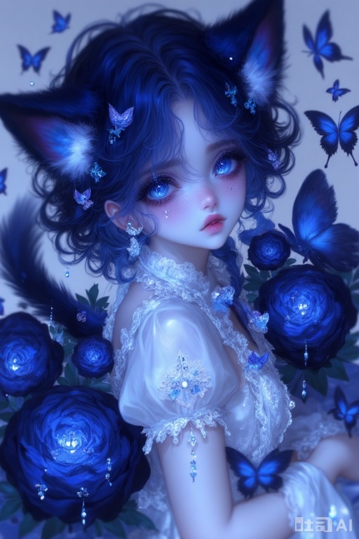 1girl,navy blue hair, long wavy curl hair, no bangs, light blue eyes, white lace dress, blue cat ears, white tip on left ear, long deep blue cat tail, teardrop mole under right eye, dark blue roses, blue butterflies, ethereal background, soft magical lighting, delicate fantasy aesthetic, half-body shot, front view, best quality, masterpiece,
