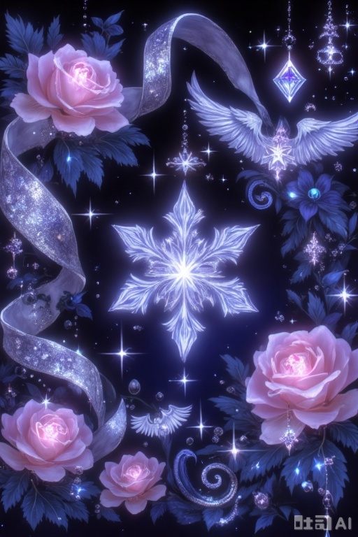 A pink rose, a silver ribbon with white gemstones, and angelic wings on the left side of an elegant swirl in space. The background is dark blue. There's also another pink flower in the bottom right corner. It has sparkles around it and some stars above. On top, there's another design that resembles a diamond or crystal with light effects shining from behind. In general, everything looks very luxurious and beautiful. At the center of all these elements lies one large white star.