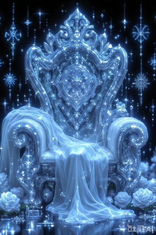 A queen's chair made of ice crystals, delicate frost patterns on the armrests, surrounded by snowflakes and shimmering diamonds. The ground is covered with sparkling ice dust, frozen roses, and silver jewelry scattered around. The Tyndall effect illuminates the scene with a soft glow, casting ethereal shadows across the ice. A translucent silk gown is draped over the chair, fluttering in the cold breeze.