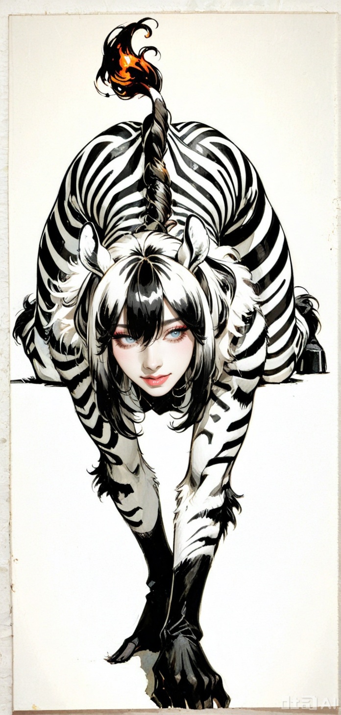ipg, authentic share, ******* photo, film grain, a japanese girl, early 20s, bright eyes, smile, jpeg artifacts, Polaroid Instant film aesthetic, soft focus, slightly desaturated muted colors, uneven chemical development marks visible, MGBeastgirllL, human face,zebra body, fur, body fur, full body shot, all fours, , simple background,hyper detailed, (dynamic pose:1.4),MGBEASTGIRLIL,human face,fur.flame.
