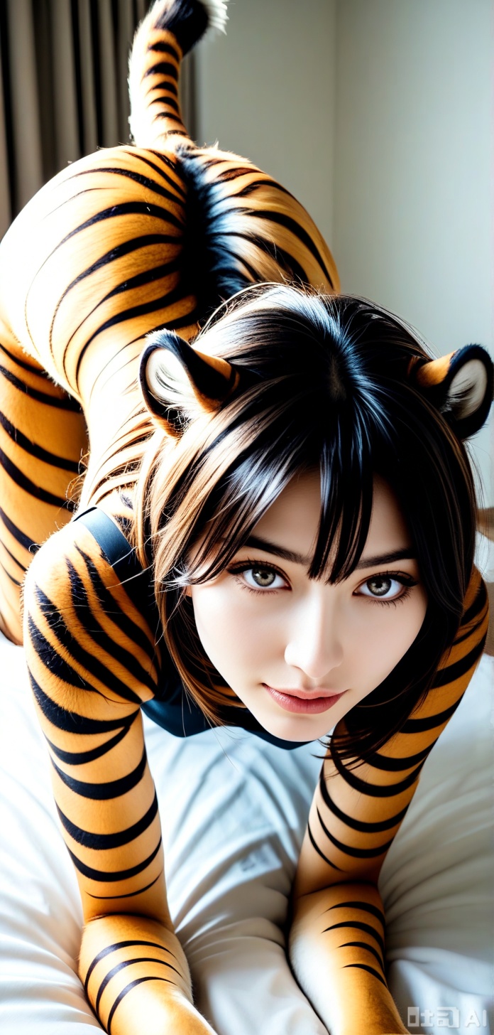 ipg, authentic share, ******* photo, film grain, a japanese girl, early 20s, bright eyes, smile, jpeg artifacts, Polaroid Instant film aesthetic, soft focus, slightly desaturated muted colors, uneven chemical development marks visible, MGBeastgirllL, human face, tiger body, fur, body fur, full body shot, all fours, , simple background,hyper detailed, (dynamic pose:1.4),MGBEASTGIRLIL,human face,fur.flame.
