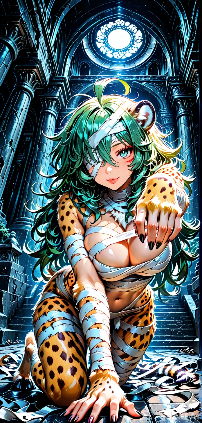 masterpiece, best quality, amazing quality, absurdres, soft, 1girl, 20yo, solo, mummymge, mummy, green hair, naked bandage, messy hair, ahoge, long hair, navel, dark-skinned female, bandaged head, dark skin, purple eyes, midriff, mummy costume, facial tattoo, hip tattoo, bandage over one eye, large breasts, zombie pose, full body, blush, looking at viewer, detailed background, cinematic, volumetric lighting, dynamic shadows, temple interior, dark background, dim lighting. dynamic angle, dynamic pose, foreshortening, perspective,  
,slora:Dramatic Lighting Slider:1.7>,pharaohmge,,barefoot, MGBEASTGIRLIL,human face,fur, body fur,wolf body,hyper detailed, (dynamic pose:1.4),cheetah body,zebra body,deer body,fox body. 