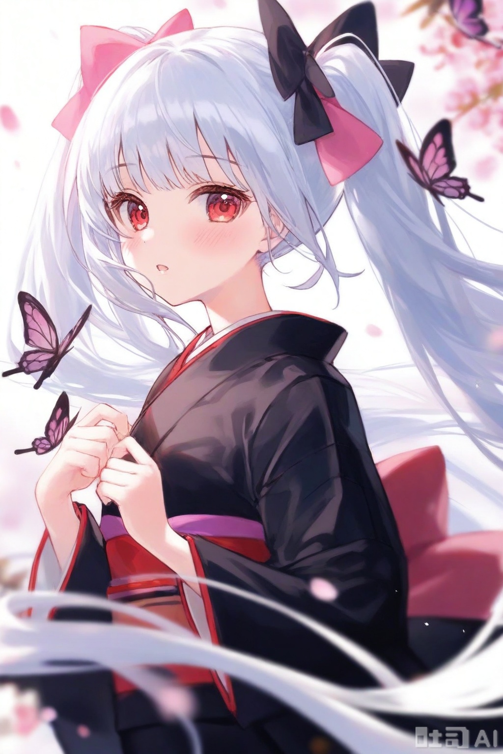 1girl, solo, long hair, looking at viewer, blush, bangs, red eyes, long sleeves, bow, twintails, very long hair, upper body, white hair, hair bow, parted lips, japanese clothes, kimono, blurry, :o, black dress, black bow, floating hair, depth of field, animal, bug, pink bow, butterfly, black kimono


