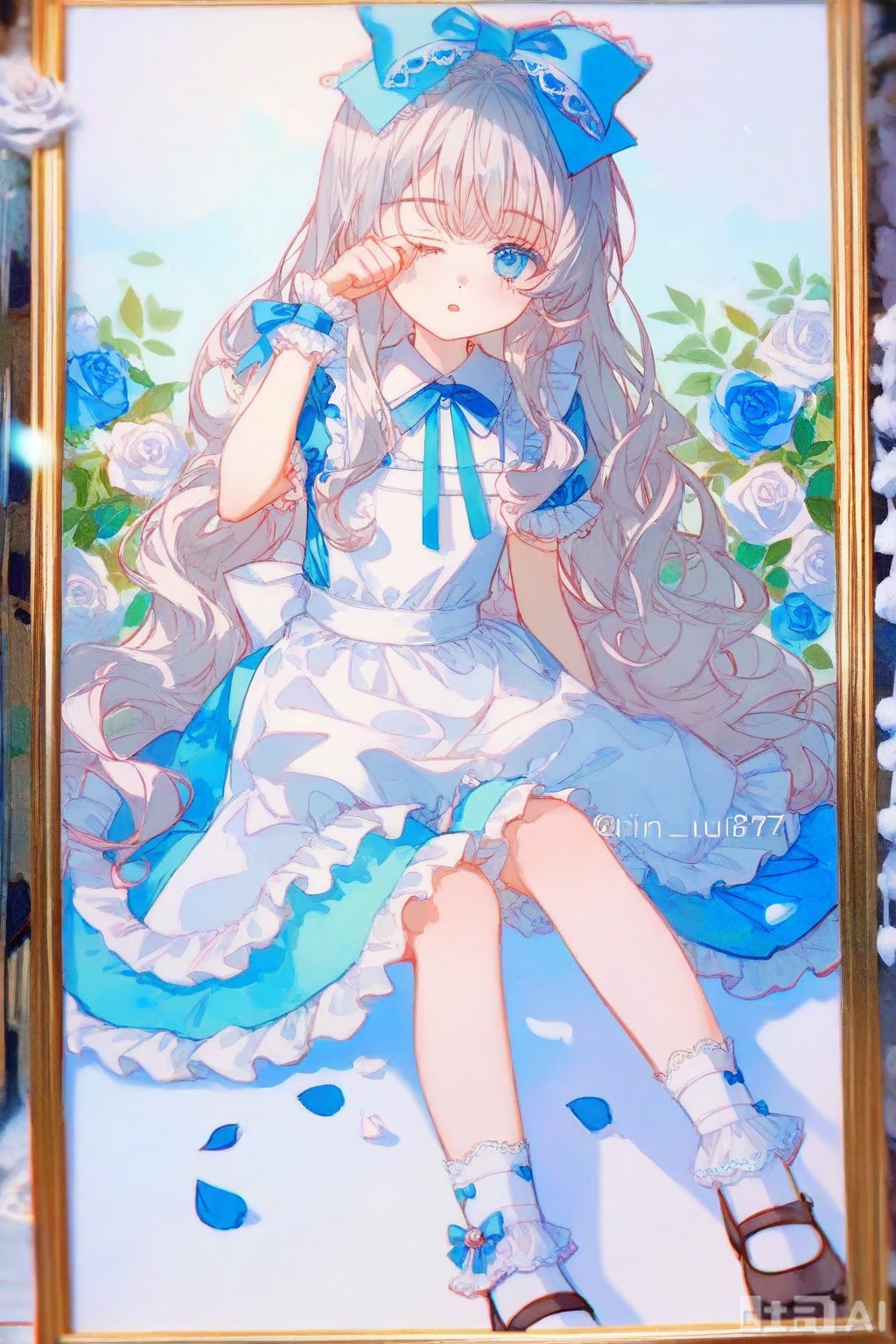masterpiece,very aware,highres,absurdres,newest,best quality,loli,petite,high quality,chromatic_aberration, //, 1girl, solo, dress, one eye closed, bow, blue dress, apron, flower, hair bow, socks, rose, long hair, frilled socks, frills, watercolor (medium), sweet lolita, blue eyes, lolita fashion, white apron, rubbing eyes, frilled dress, traditional media, painting (medium), blue bow, pastel colors, shoes, looking at viewer, white socks, brown footwear, blush, collared dress, wrist bow, puffy sleeves, frilled bow, short sleeves, blue flower, wavy hair, frilled apron, petals, watermark, ankle socks, wrist cuffs, grey hair, white flower, ribbon, white bow, neck ribbon, dress bow, bobby socks, white rose, hand up, artist name, pinafore dress, blue socks, heart print, blue rose, blue ribbon, layered dress, dress flower, lace trim, bow legwear, white hair, frilled sleeves, floral background, pink bow, puffy short sleeves, curly hair, twitter username, feet out of frame, alice (alice in wonderland), frilled cuffs, sitting, wrist ribbon, sleepy, petticoat, frilled collar, foot out of frame, ;o, long dress, sleeve ribbon, black footwear, dot mouth, mary janes, white dress, closed mouth, very long hair, falling petals, two-tone dress, hair ornament, rose petals, white collar, aqua dress //, artist:rin_yuu,[Artist:DIno:0.5],artist:lazuri7,(artist:yunikon:0.3),(artist:quasarcake:0.3),artist:glutton_(18152740927lx),artist:shuu_illust,Artist:rhasta,say_hana,Artist:junpaku karen, //, illustration,ultra detailed,hdr,Depth of field,(colorful),phenomenal aesthetic,detailed light,Blurred picture,hdr,Tyndall effect,contrast,depth of field,cinematic lighting,extremely detailed,High Detail,Tyndall Effect,

